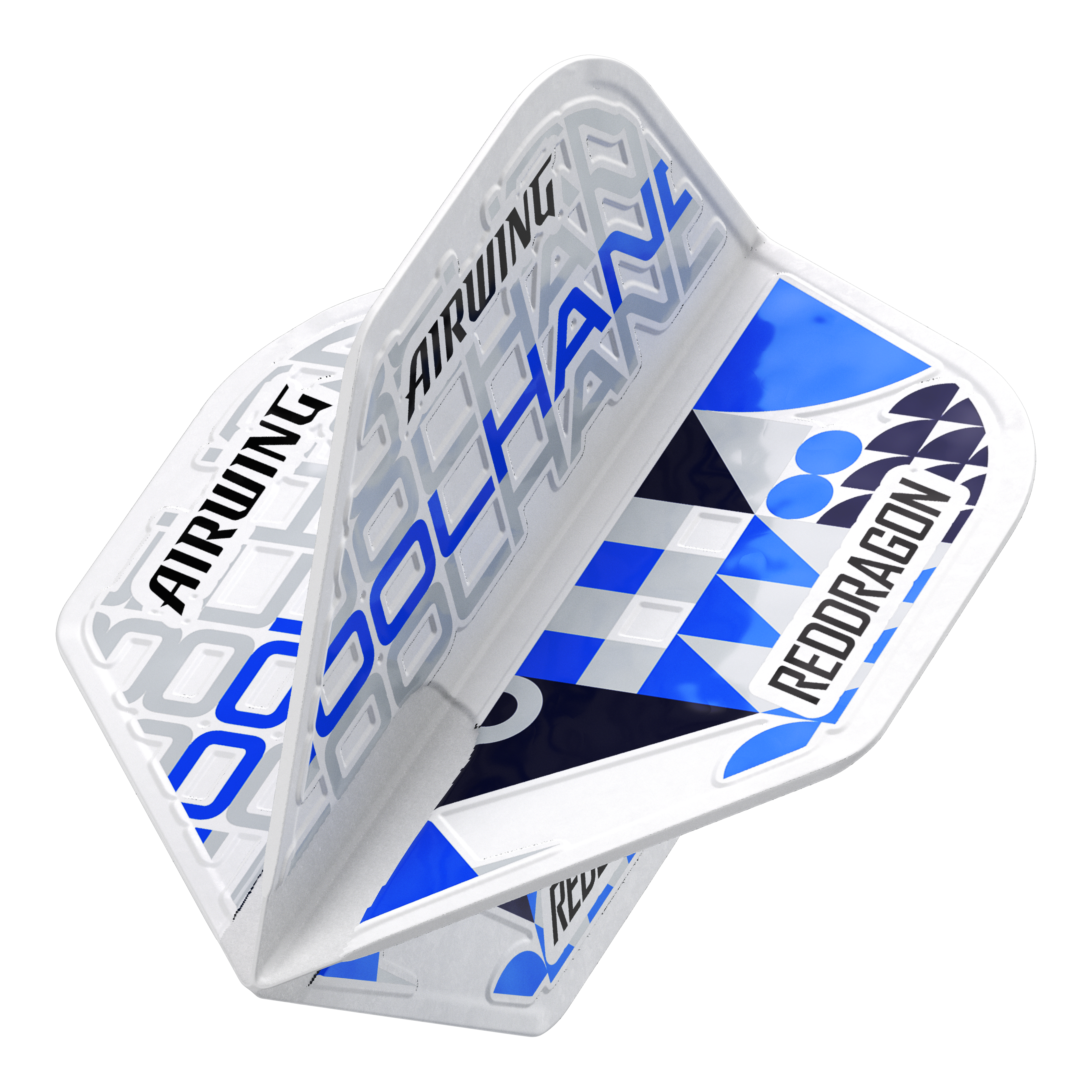 Das Bild zeigt die Red Dragon Airwing Luke Humphries White Standard Flights. Die Flights sind überwiegend weiß und blau mit den Aufschriften "AIRWING", "COOL HAND" und "RED DRAGON".