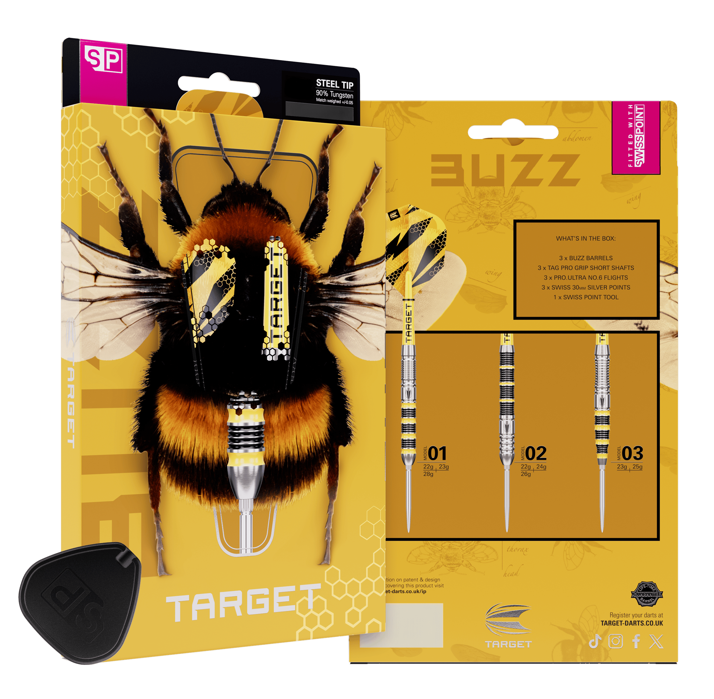 Hier sind die Target Buzz 03 Swiss Points Steeldarts abgebildet. Die Steeldarts überzeugen mit hoher Qualität.