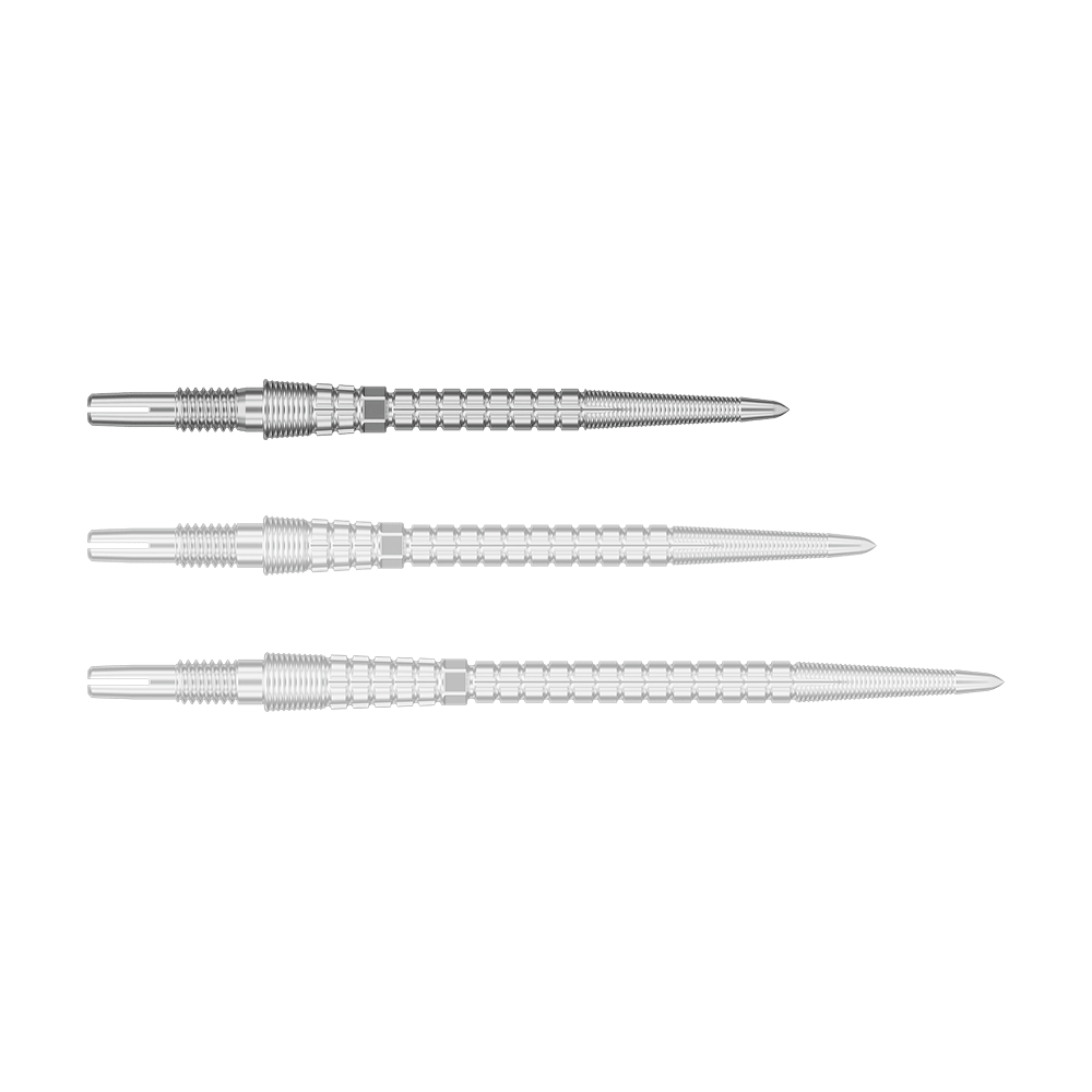 Target Chrono Swiss Storm Point Dart Tips - Silver Eine silberne Dartspitze ist einzeln fotografiert. Sie liegt waagerecht.