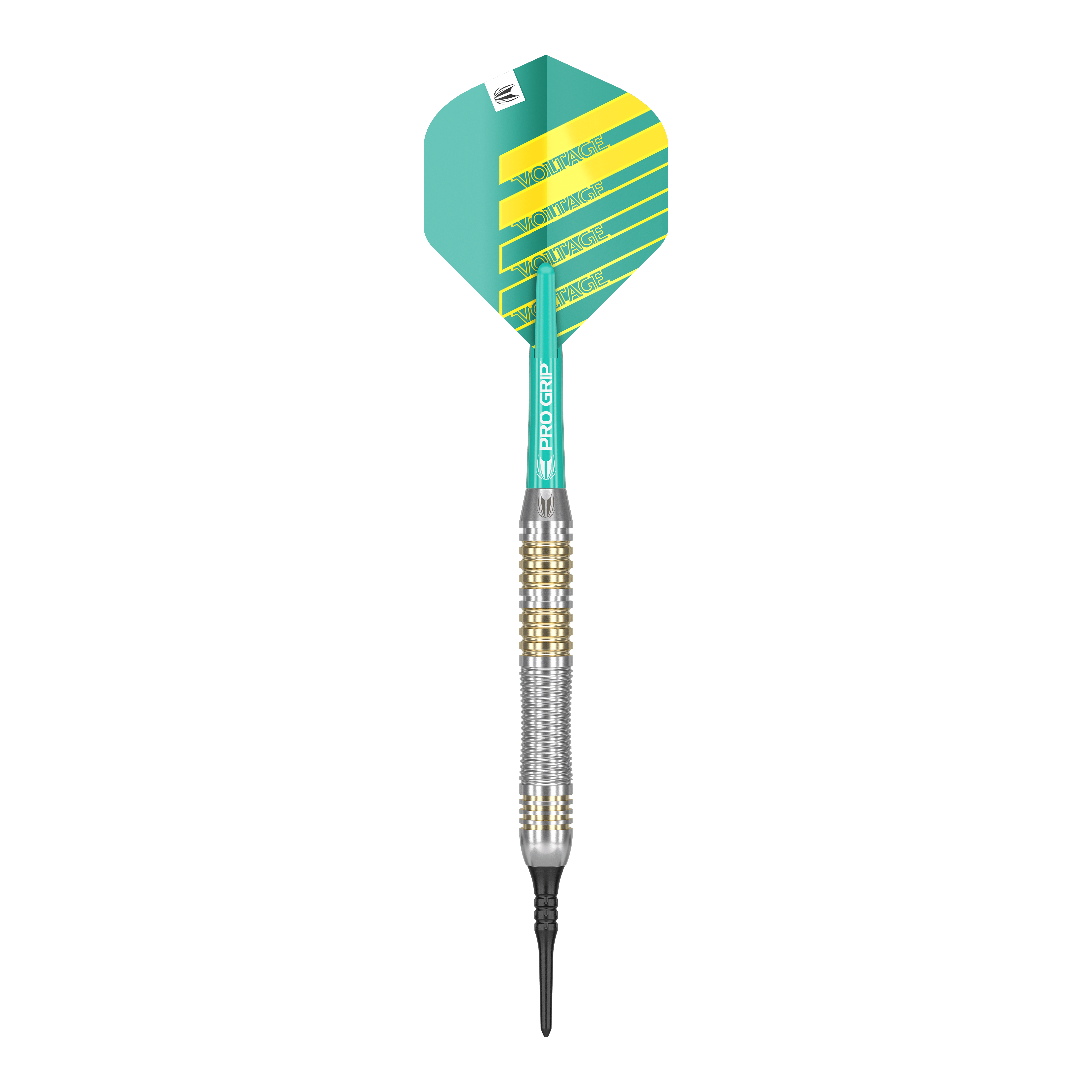 Target Rob Cross Brass Soft Darts - 18g Das Bild zeigt einen Softdart der Marke "Target Rob Cross Brass Softdarts - 18g". Der Dart hat eine grün-gelbe Flight und einen silber-goldenen Schaft.