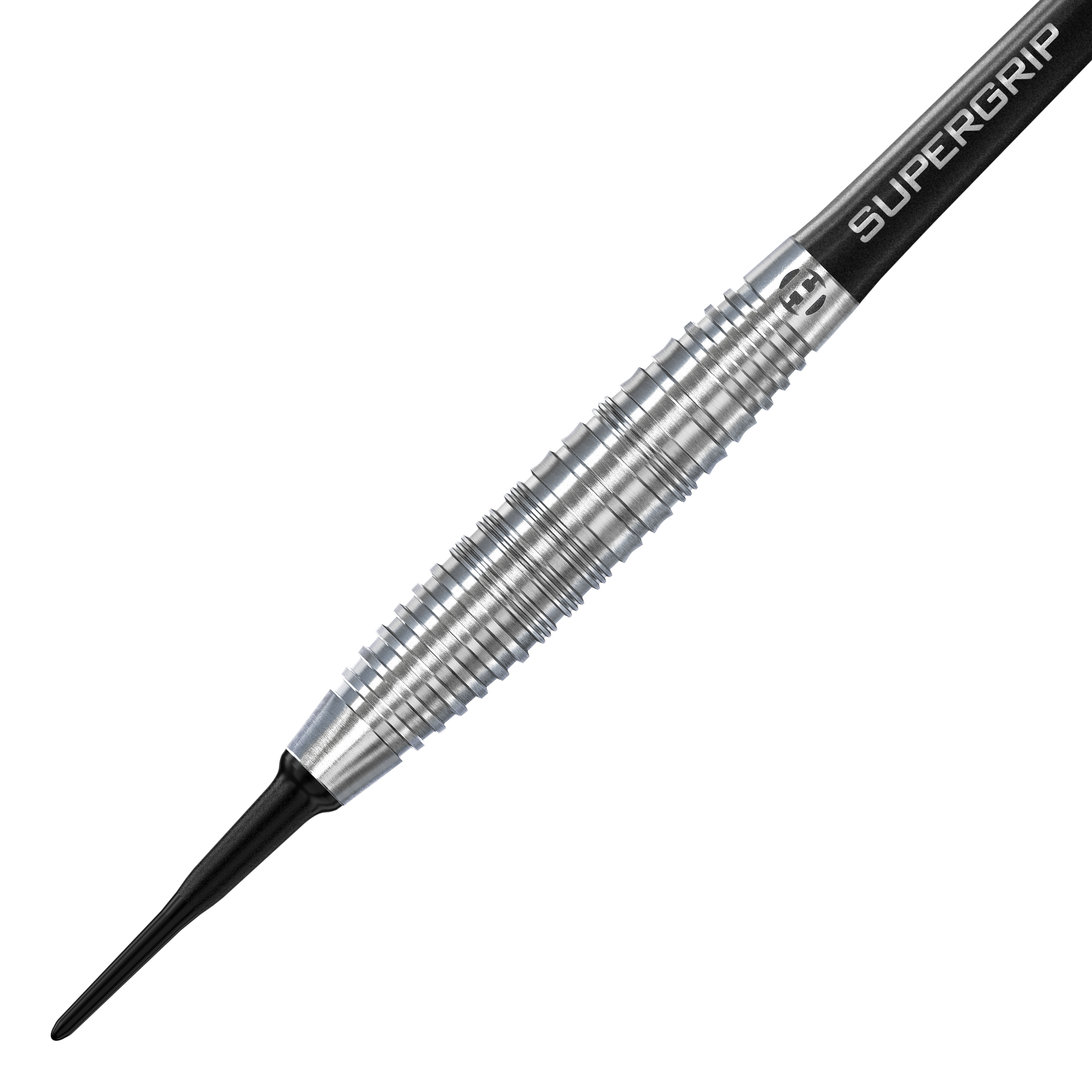 Harrows NX90 Bomb Soft Darts Das Bild zeigt einen Harrows NX90 Bomb Softdart. Der Dart hat eine silberne, geriffelte Metallspitze und einen schwarzen Schaft mit der Aufschrift "SUPERGRIP".