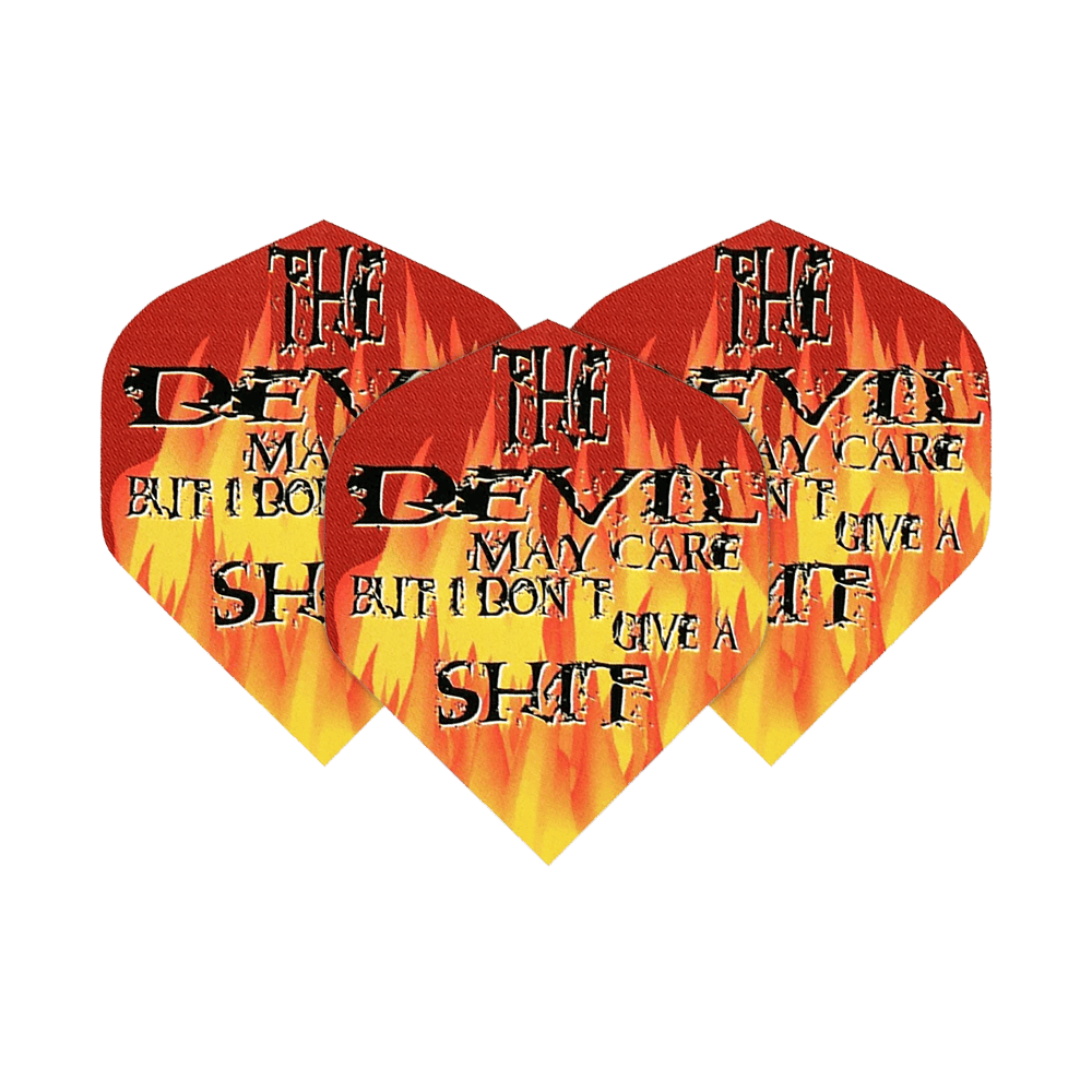 Pentathlon Flights The Devil May Care Das Bild zeigt drei Dartflights mit Flammenmuster und auffälligem Schriftzug. Auf den Flights steht: "The Devil may care but I don't give a shit."