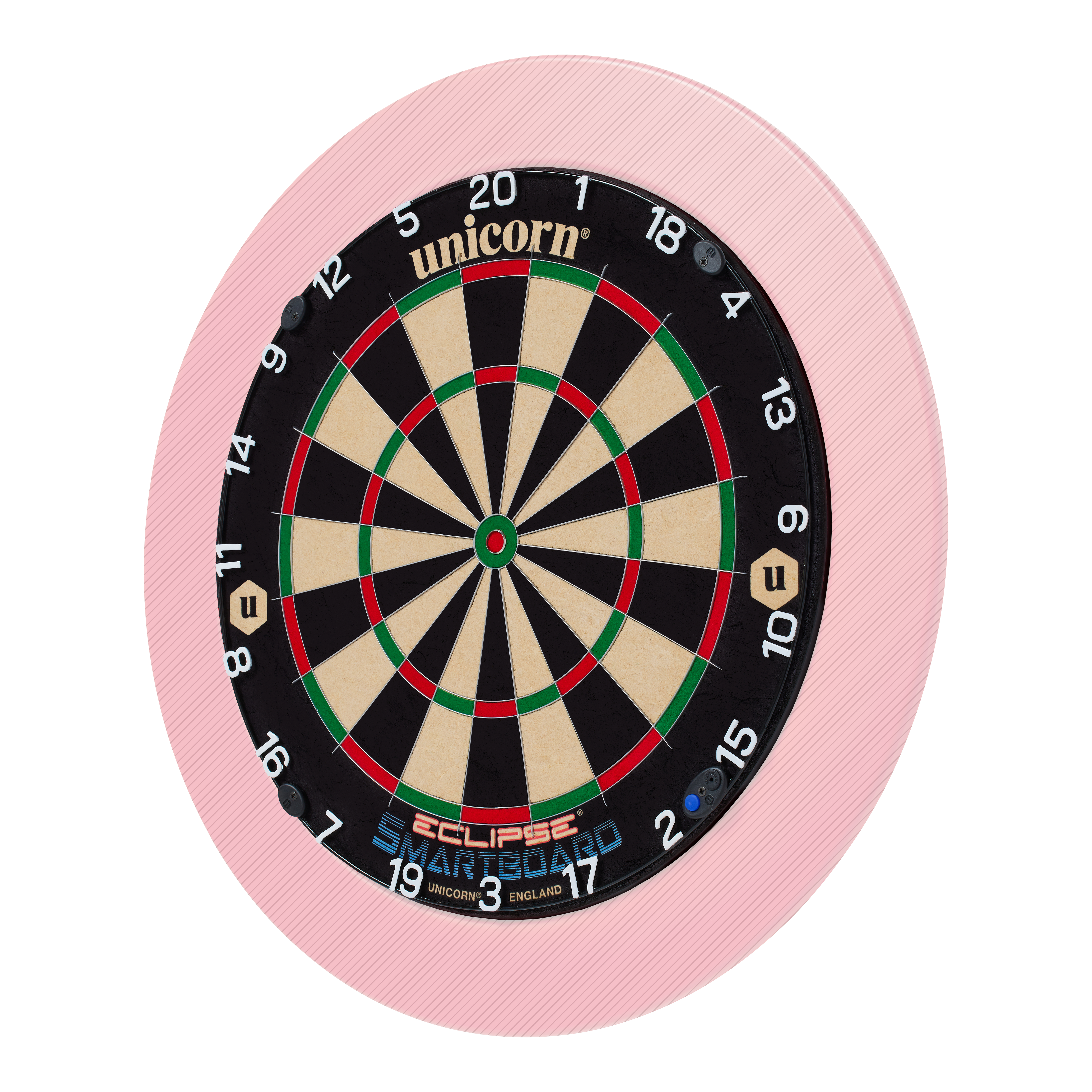 Unicorn Eclipse Smartboard steel dartboard Das Bild zeigt eine Unicorn Eclipse Smartboard Steeldartscheibe mit einem pinken Schutzring. Die Dartscheibe hat klare Zahlen und farbige Segmente für das Dartspiel.
