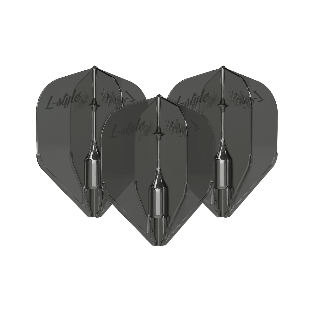 L-Style Fantom L3EZ Flights Clear Black Das Bild zeigt drei schwarze, transparente Dart-Flights des Modells "L-Style Fantom L3EZ". Auf den Flights ist der Schriftzug "L-style" zu sehen.