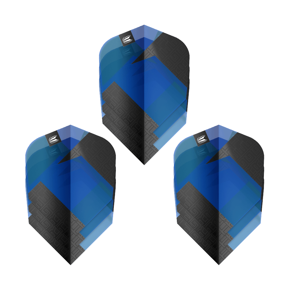 Target Pro Ultra TAG Blue Ten-X Standard Flights - 3 Sets Das Bild zeigt drei blaue und schwarze Dart-Flights mit geometrischem Muster. Es handelt sich um das Produkt "Target Pro Ultra TAG Blau Ten-X Standard Flights - 3 Sets".