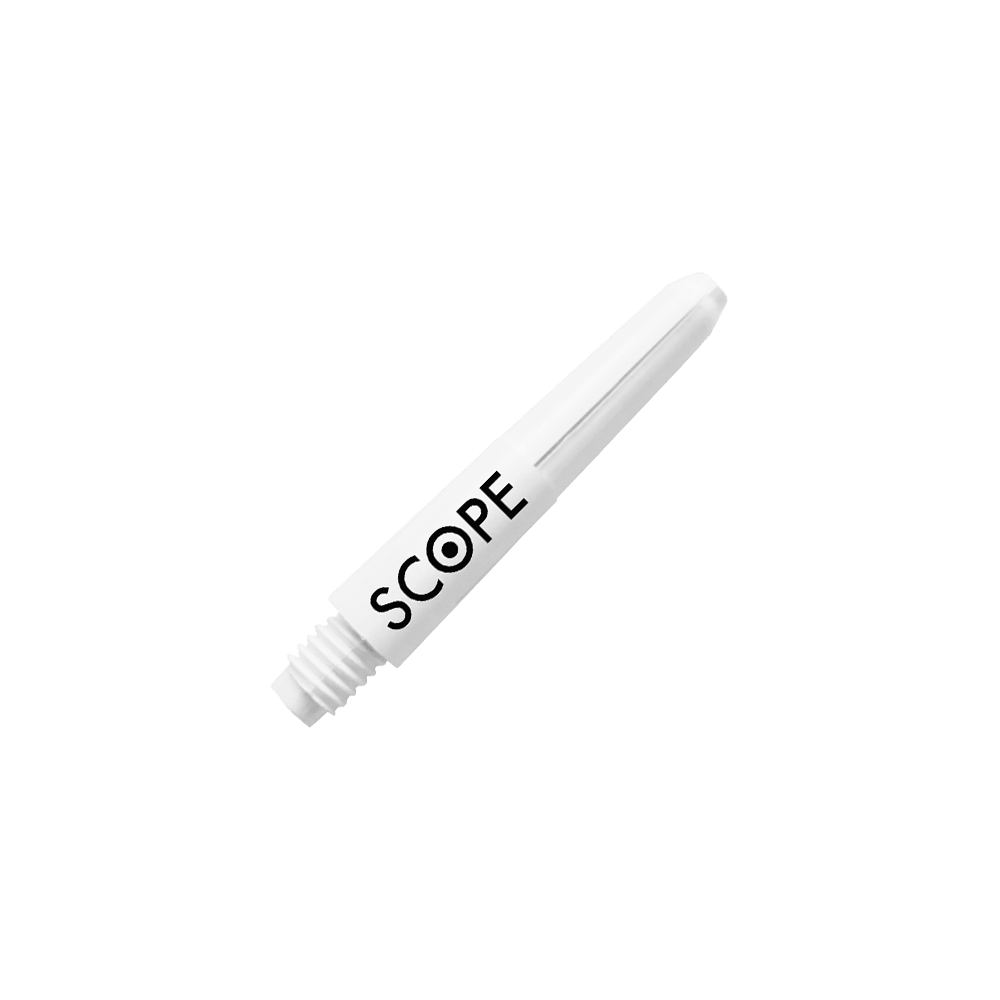 Das Bild zeigt einen weißen Nylon-Schaft für Darts mit der Aufschrift "SCOPE". Es handelt sich um das Produkt "McDart Scope Nylon Shafts".