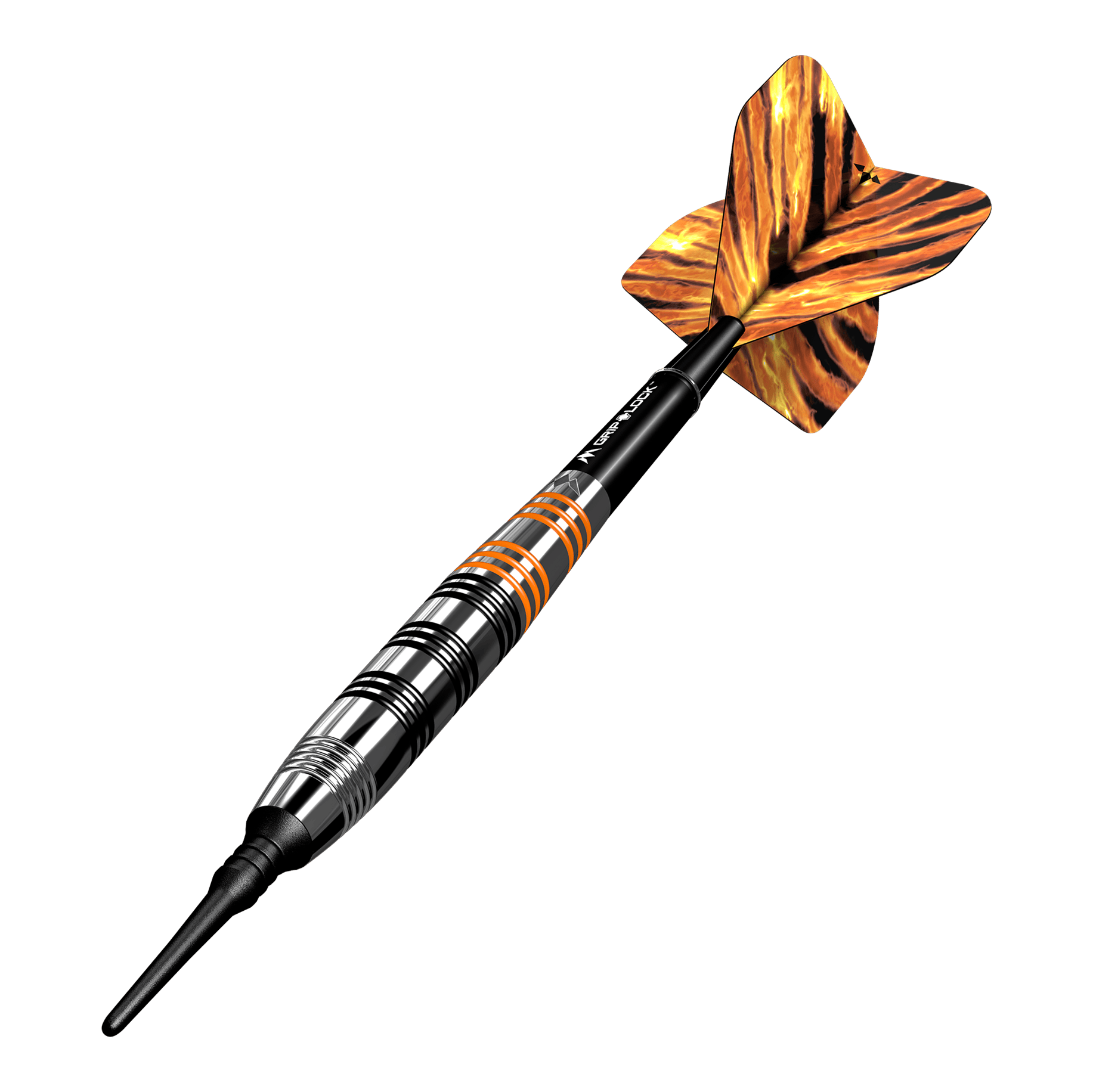 Mission Javan Brass Soft Darts - 18g Das Bild zeigt einen Softdart namens "Mission Javan Brass Softdarts - 18g". Der Dartpfeil hat ein gestreiftes Design in Schwarz, Silber und Orange mit einer auffälligen, gemusterten Flugfeder.