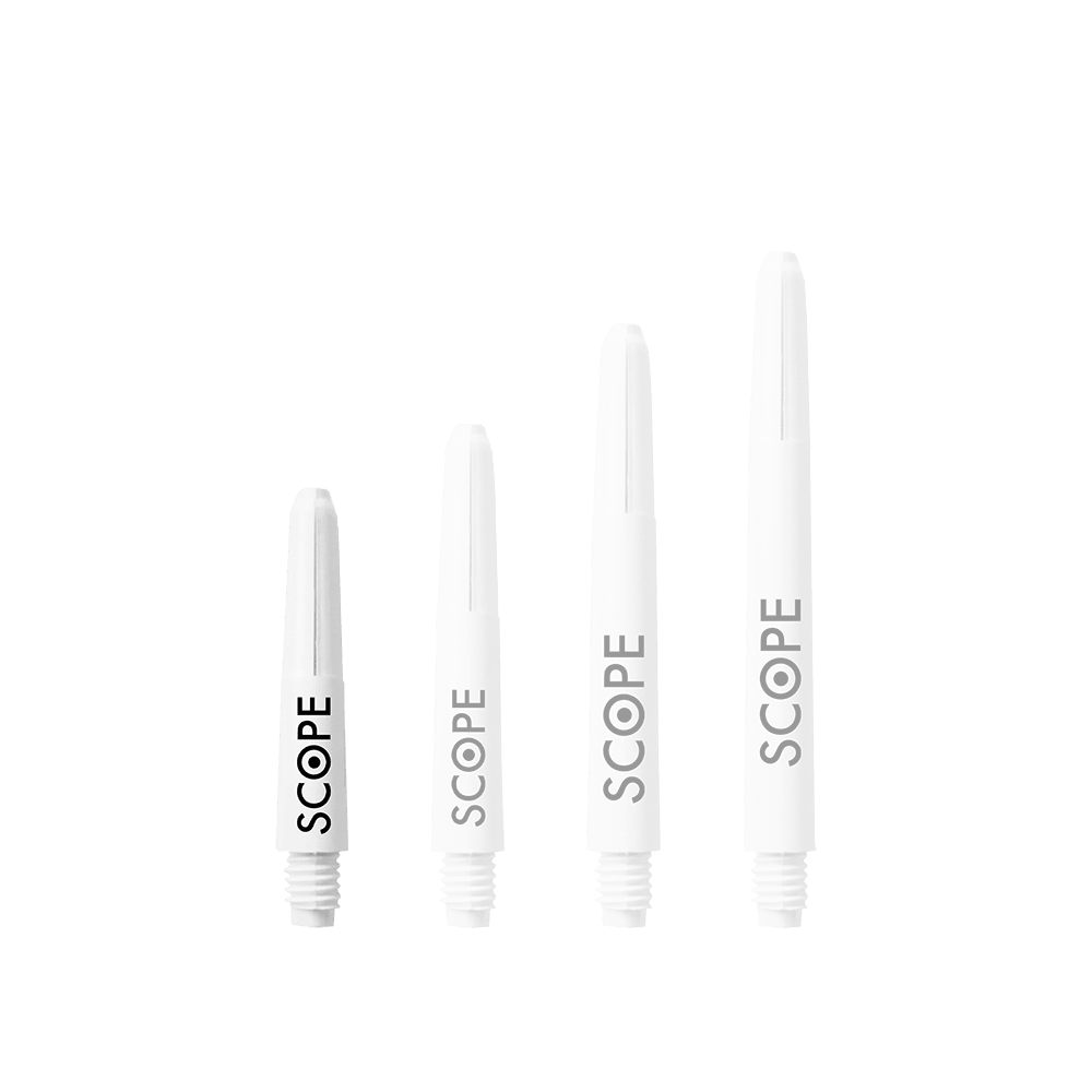 Das Bild zeigt vier weiße McDart Scope Nylon Shafts in unterschiedlichen Längen. Auf jedem Schaft steht das Wort "SCOPE" in schwarzer Schrift.