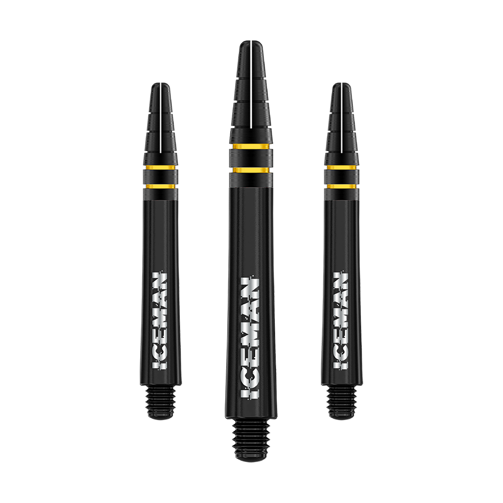 C818_Red_Dragon_Nitrotech_Gerwyn_Price_Shafts_Schwarz_39mm_1 Das Bild zeigt drei schwarze Dartschäfte mit goldenen Ringen und der weißen Aufschrift "ICEMAN". Es handelt sich um das Produkt "Red Dragon Nitrotech Gerwyn Price Shafts Schwarz - 39mm".