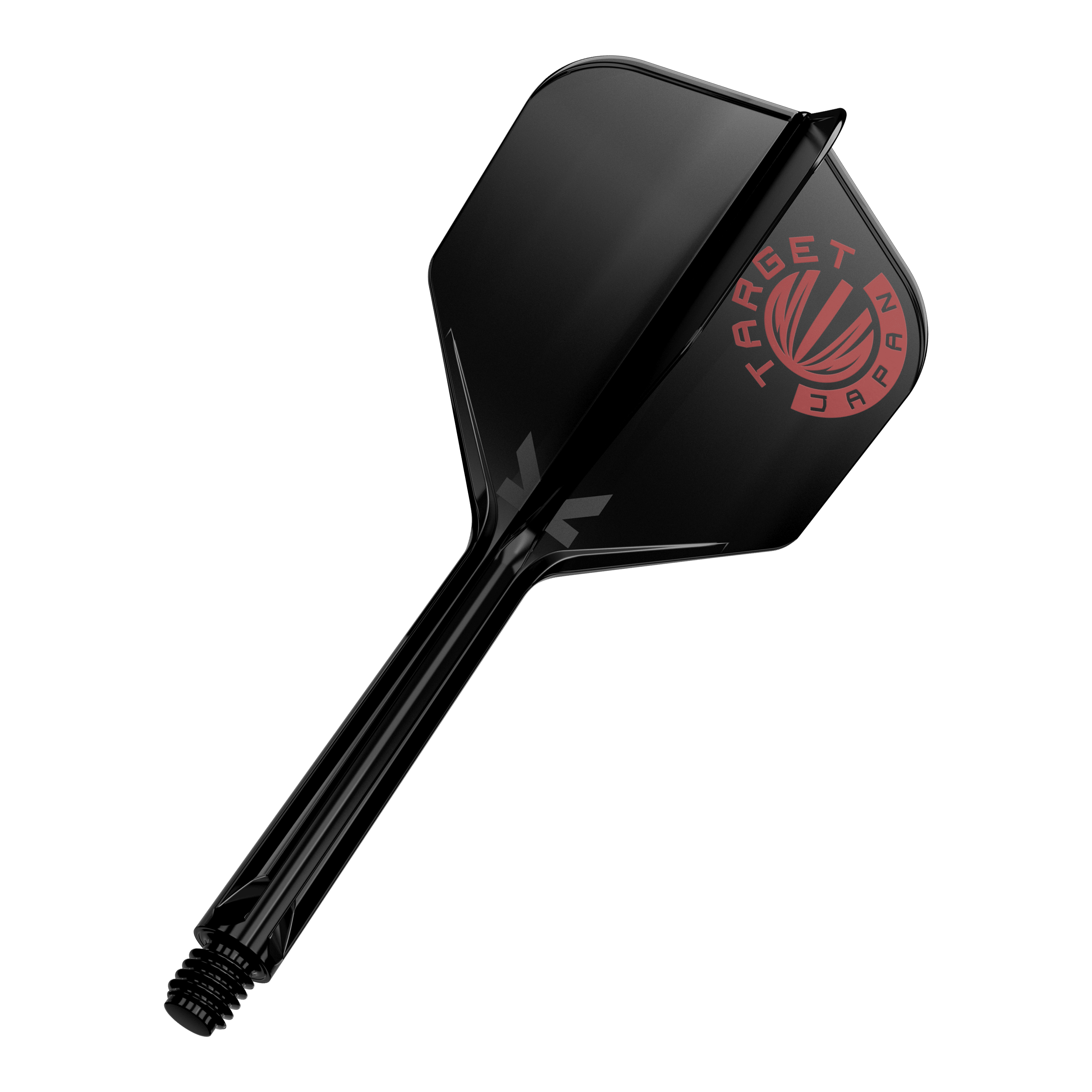 Target Japan K-Flex Original Logo Red Black No6 Flight Shaft System Das Bild zeigt einen schwarzen Dartshaft mit einer schwarzen Dartflügelfeder. Auf der Feder ist ein rotes Logo mit der Aufschrift "TARGET JAPAN" zu sehen.