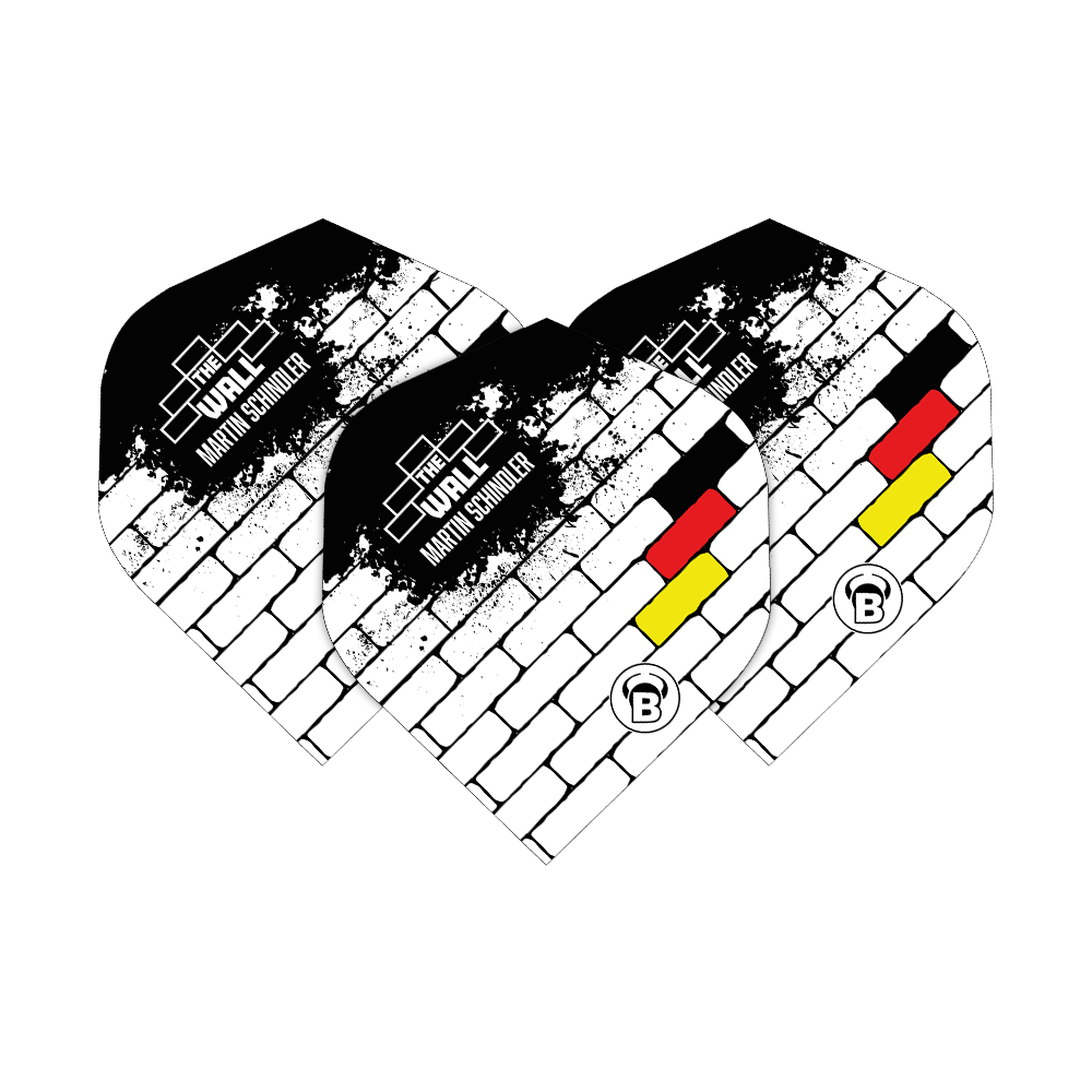 Bulls B-Star Martin Schindler White No2 Standard Flights Das Bild zeigt drei Dart Flights des Modells "Bulls B-Star Martin Schindler White No2 Standard". Die Flights sind weiß mit einem schwarzen Ziegelmuster und zeigen die deutschen Farben sowie den Schriftzug "THE WALL Martin Schindler".