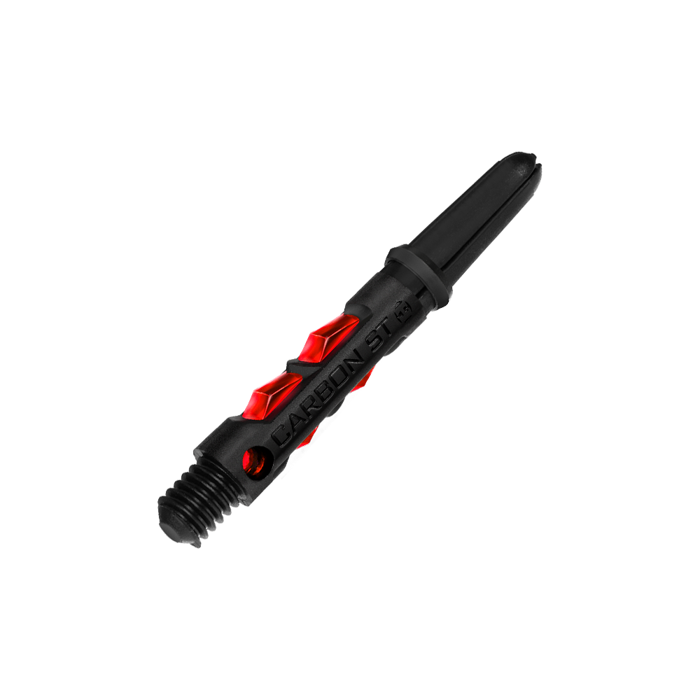 HR431_Harrows_Carbon_ST_Shafts_Rot_33mm_2 Das Bild zeigt einen Harrows Carbon ST Shaft in der Farbe Rot. Der Schaft ist schwarz mit roten Details und aus robustem Material gefertigt.