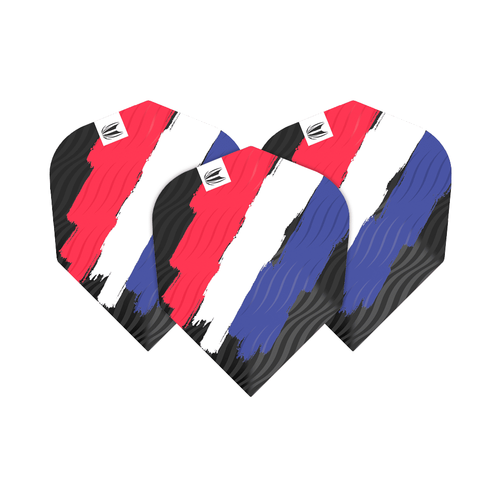 TG13_335780_Target_ProUltra_Flag_Holland_No6_Flights_1Pmc7efCi0JYiG Das Bild zeigt drei Dart-Flights mit einem Muster in den Farben Rot, Weiß und Blau, das an die niederländische Flagge erinnert. Die Flights gehören zum Produkt "Target ProUltra Flag Holland No6 Flights".