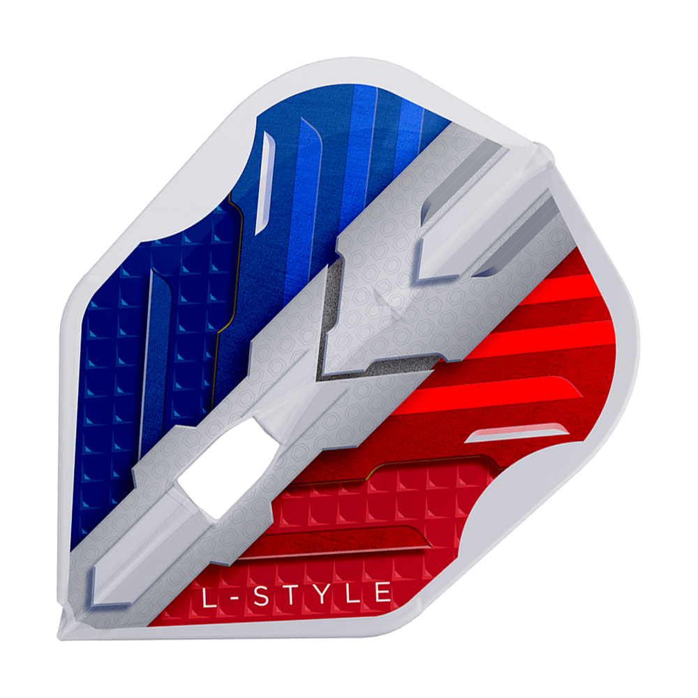L-Style V-Series V1 Type B France Clear White L3PRO Flights Das Bild zeigt das Produkt "L-Style V-Series V1 Type B France Clear White L3PRO Flights". Die Dart-Flight ist in den Farben Blau, Weiß und Rot gestaltet und trägt die Aufschrift "L-STYLE".