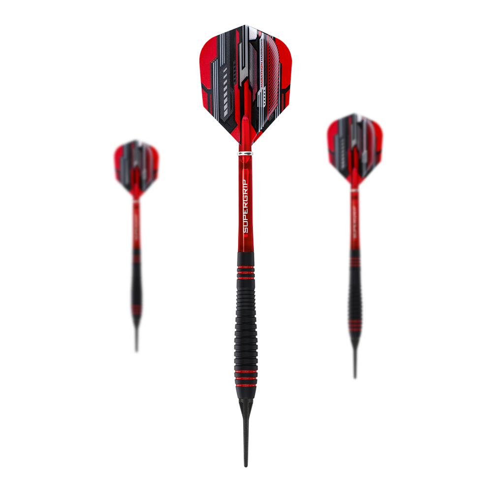 Harrows ACE Rubber Grip Soft Darts Auf dem Bild sind drei Harrows ACE Rubber Grip Softdarts zu sehen. Die Pfeile haben rote Flights mit schwarzem und silbernem Muster sowie schwarze Griffe mit roten Akzenten.