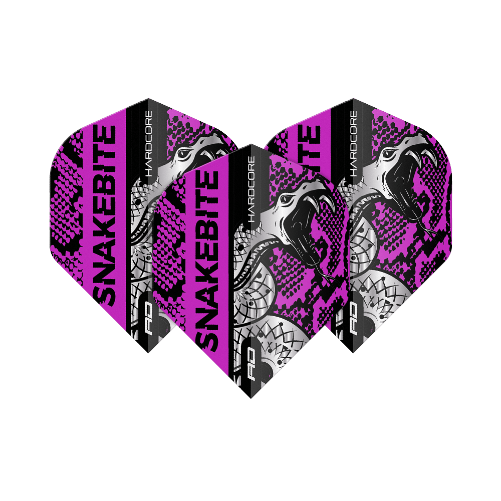 TF6566_Red_Dragon_Hardcore_Snakebite_Coiled_Snake_Purple_Standard_Flights_1NfiPcoIbUmuMI Das Bild zeigt drei Dart-Flights in lila, schwarz und weiß mit einem Schlangenmotiv. Auf den Flights steht groß das Wort "SNAKEBITE".