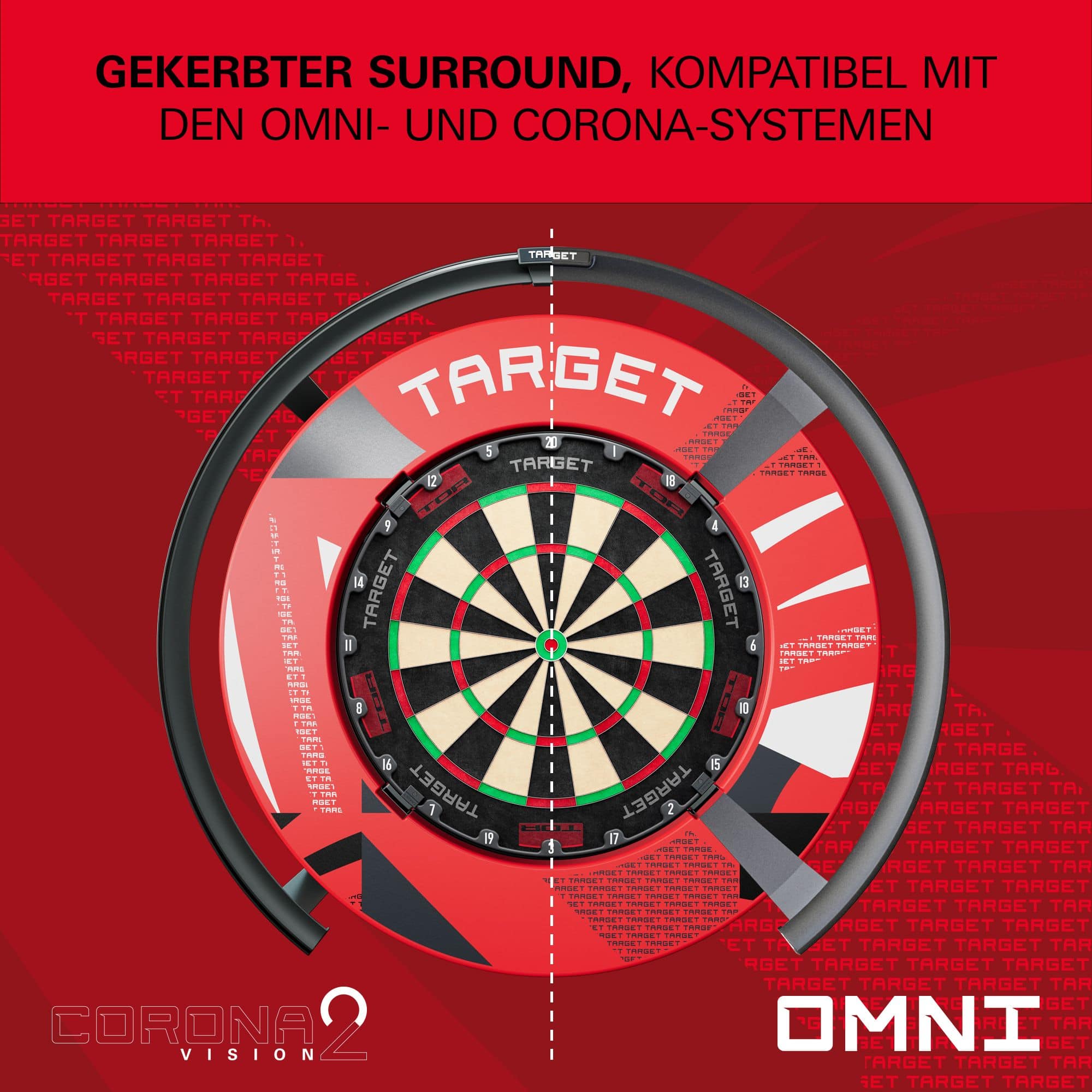 Target Notched Patterned Dartboard Surround Abgebildet ist eine rote Dartboard-Umrandung mit Muster. Die Oberfläche weist feine Strukturen auf.