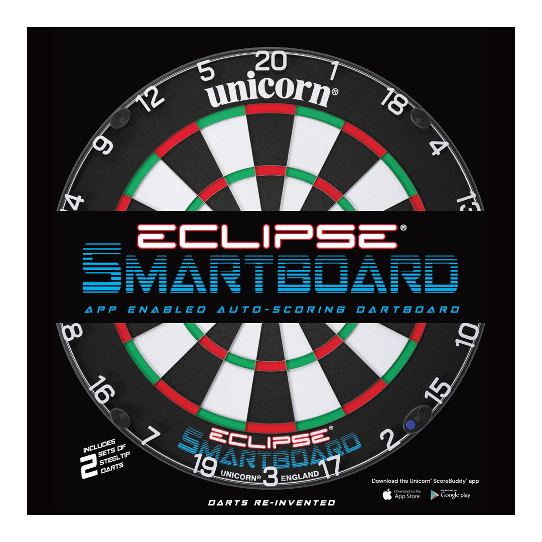 Unicorn Eclipse Smartboard steel dartboard Das Bild zeigt das Produkt "Unicorn Eclipse Smartboard Steeldartboard". Es handelt sich um eine App-unterstützte Steeldart-Scheibe mit automatischer Punkteauswertung.