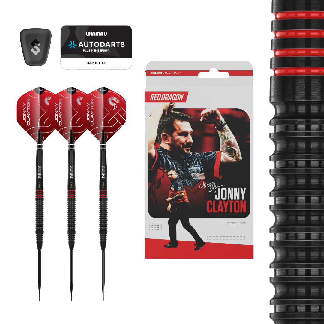 Red Dragon Jonny Clayton RD-ADV Switch Point Steel Darts Abgebildet ist ein Set Red Dragon Jonny Clayton RD-ADV Switch Point Steeldarts. Die Darts sind deutlich zu erkennen und die Beschriftung ist lesbar.