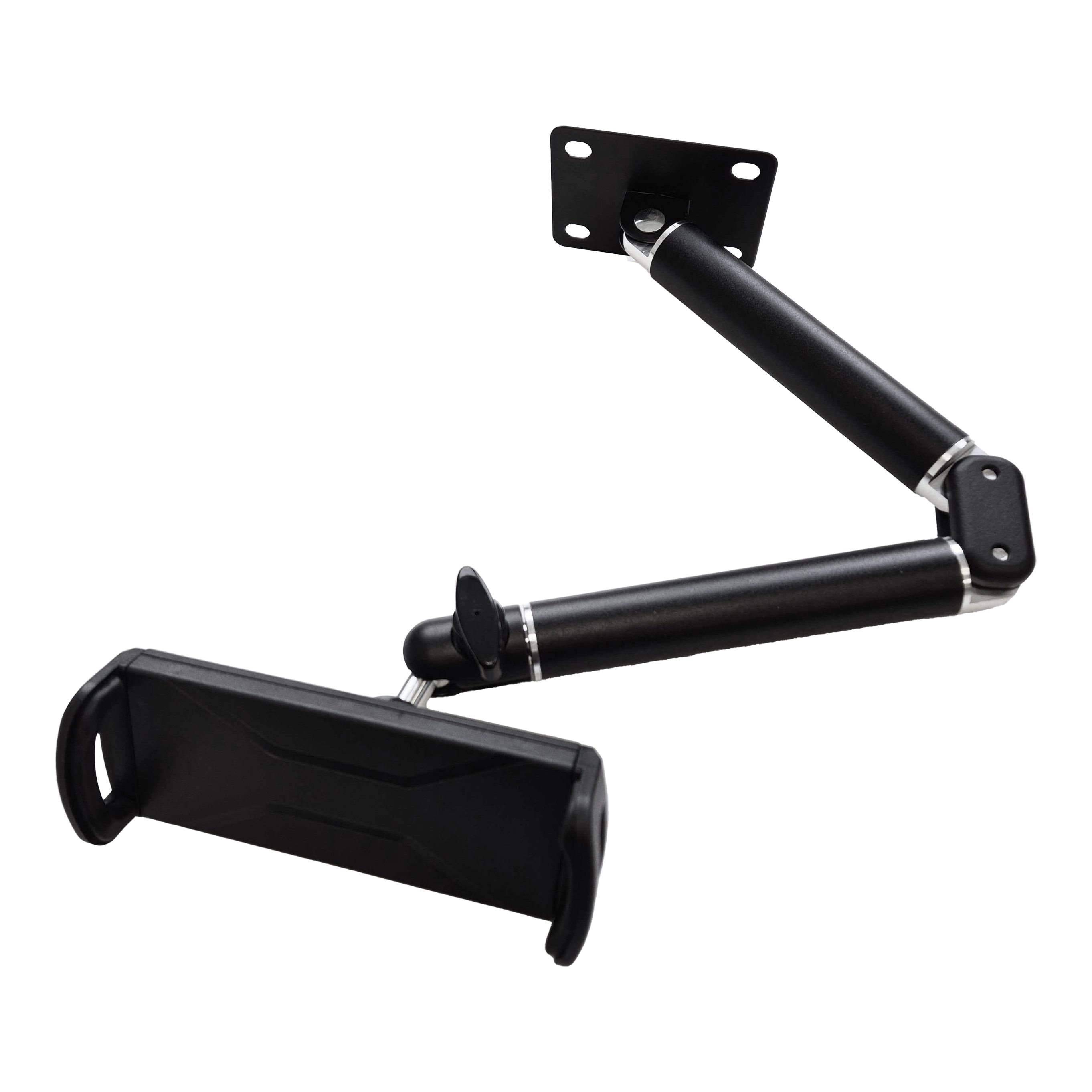 McDart TABFlex tablet wall mount with flexible arm Die Abbildung zeigt die McDart TABFlex Tablet-Wandhalterung mit flexiblem Arm. Die Halterung ist schwarz und kann an der Wand befestigt werden, um ein Tablet flexibel auszurichten.