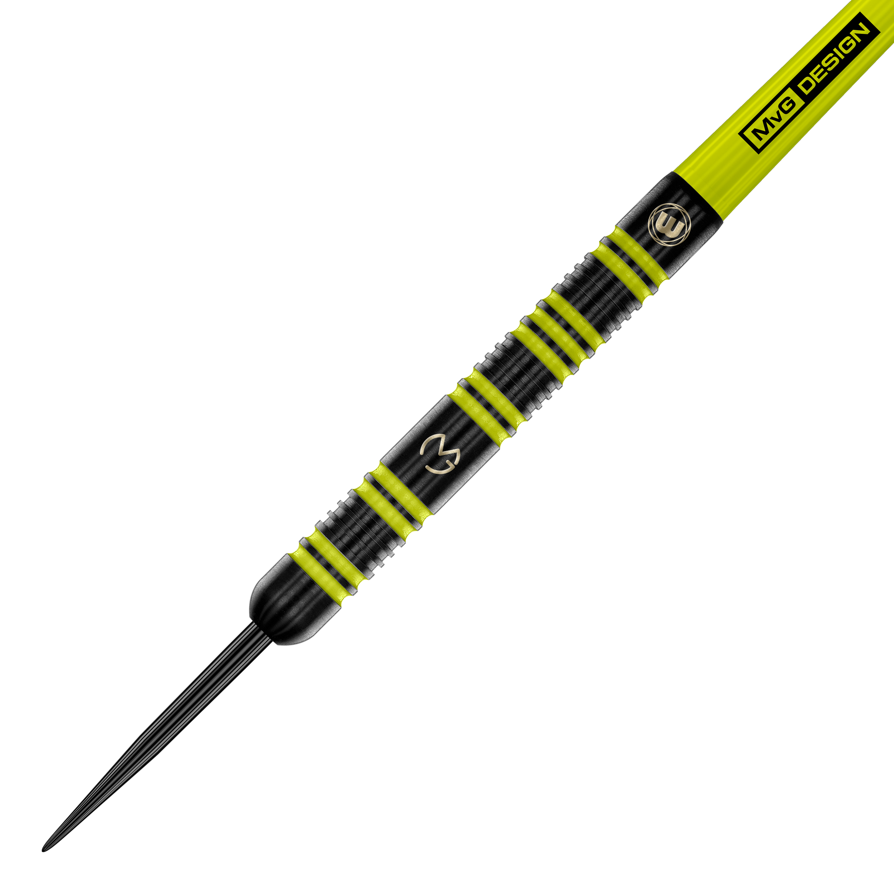 Winmau Michael Van Gerwen 85 Pro-Series steel darts Das Bild zeigt einen Winmau Michael Van Gerwen 85 Pro-Series Steeldart. Der Dart ist schwarz mit auffälligen gelb-grünen Ringen und hat das MVG-Logo eingraviert.