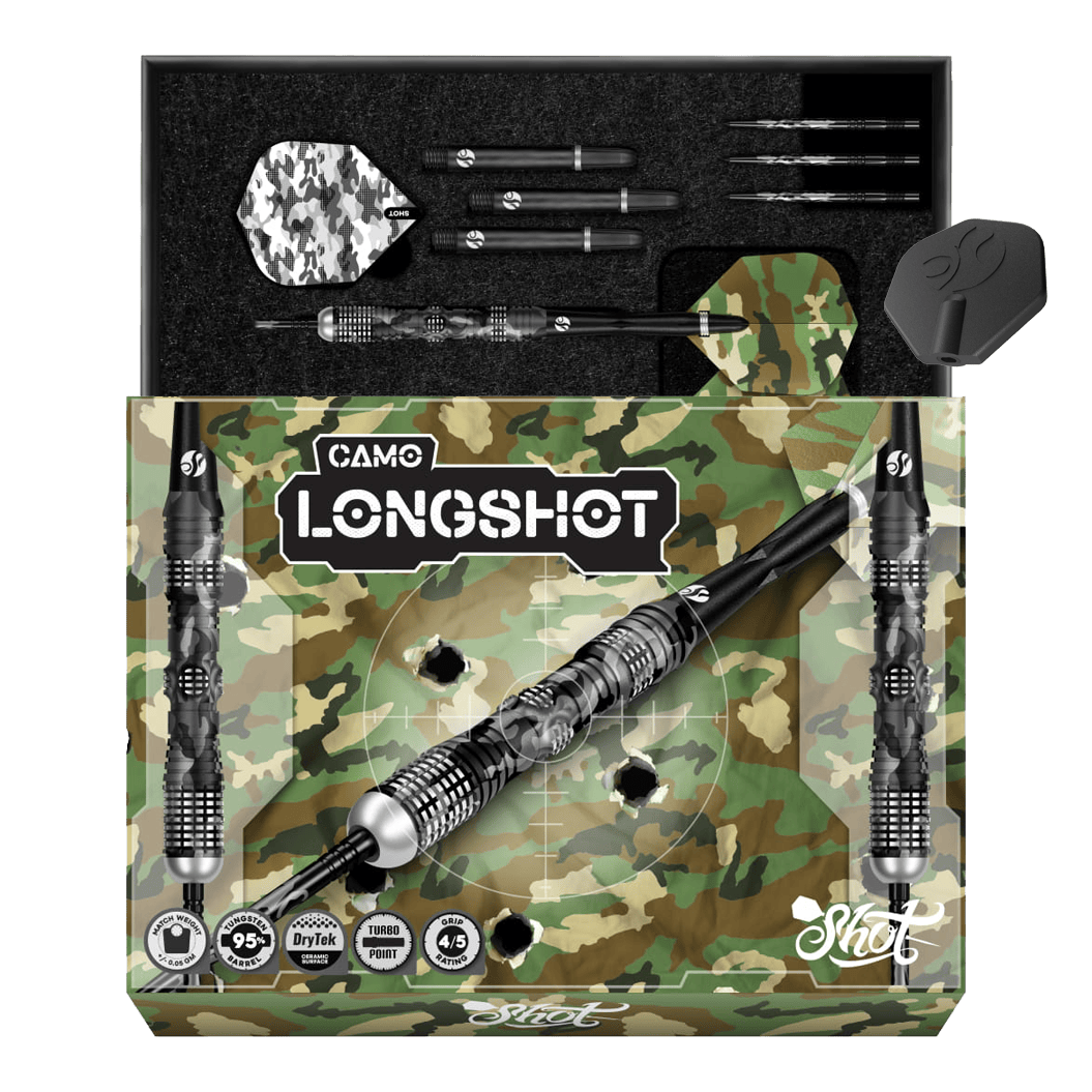 Shot Camo Longshot Turbo Point Steeldarts 23g sind Dartpfeile mit Tarnmuster. Die Pfeile werden nebeneinander präsentiert.