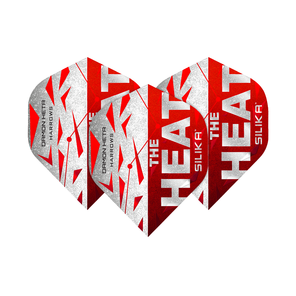 Harrow's Silika Damon Heta Series 3 Flights Das Bild zeigt drei Dart-Flights der Serie "Harrows Silika Damon Heta Series 3". Die Flights sind in Rot, Weiß und Silber gestaltet und tragen die Aufschrift "THE HEAT" sowie "SILIKA".