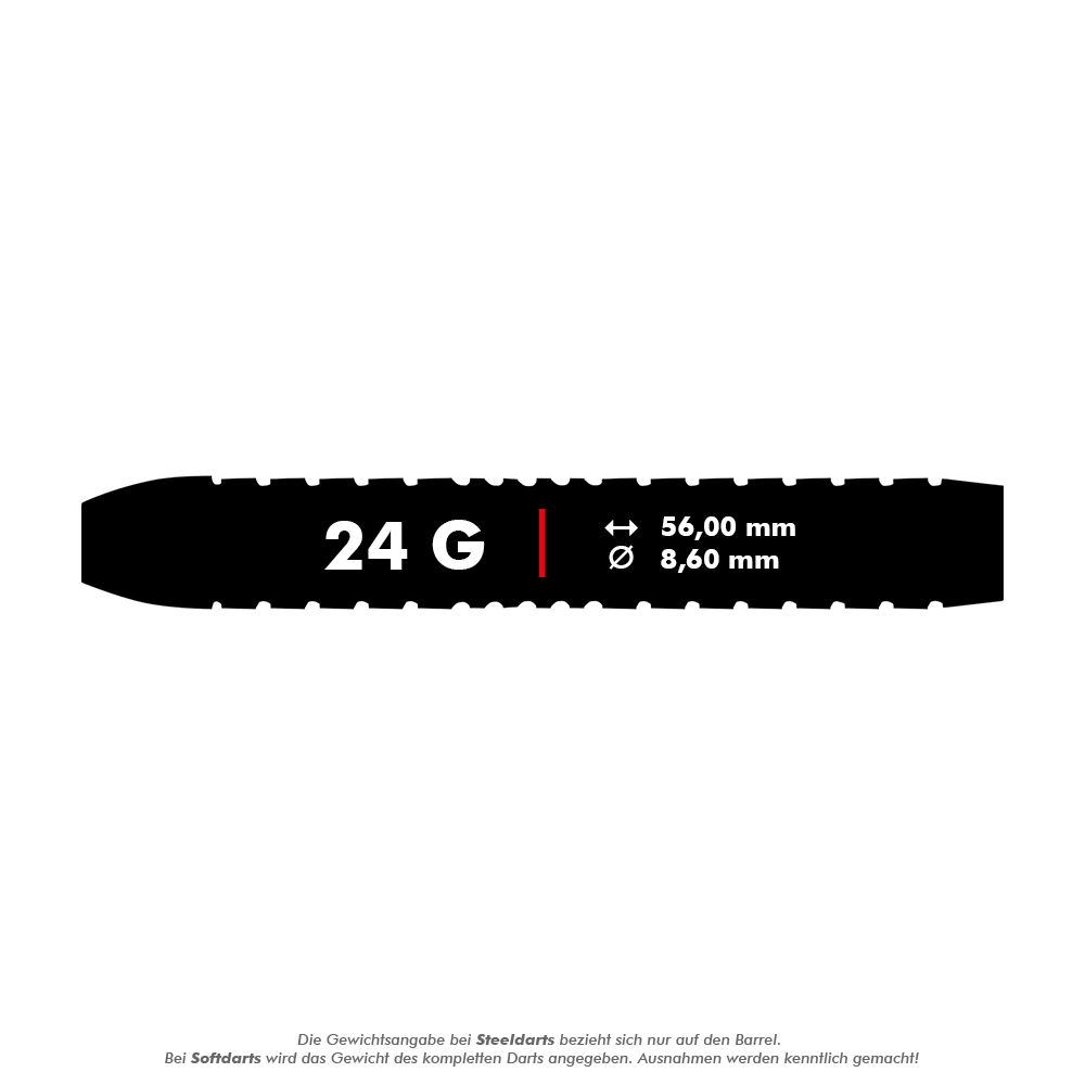 Shot Michael Smith Plated Brass Steeldarts - 24g Das Bild zeigt das Produkt "Shot Michael Smith Plated Brass Steeldarts - 24g". Es sind die Maße 56,00 mm Länge und 8,60 mm Durchmesser sowie das Gewicht von 24 Gramm angegeben.