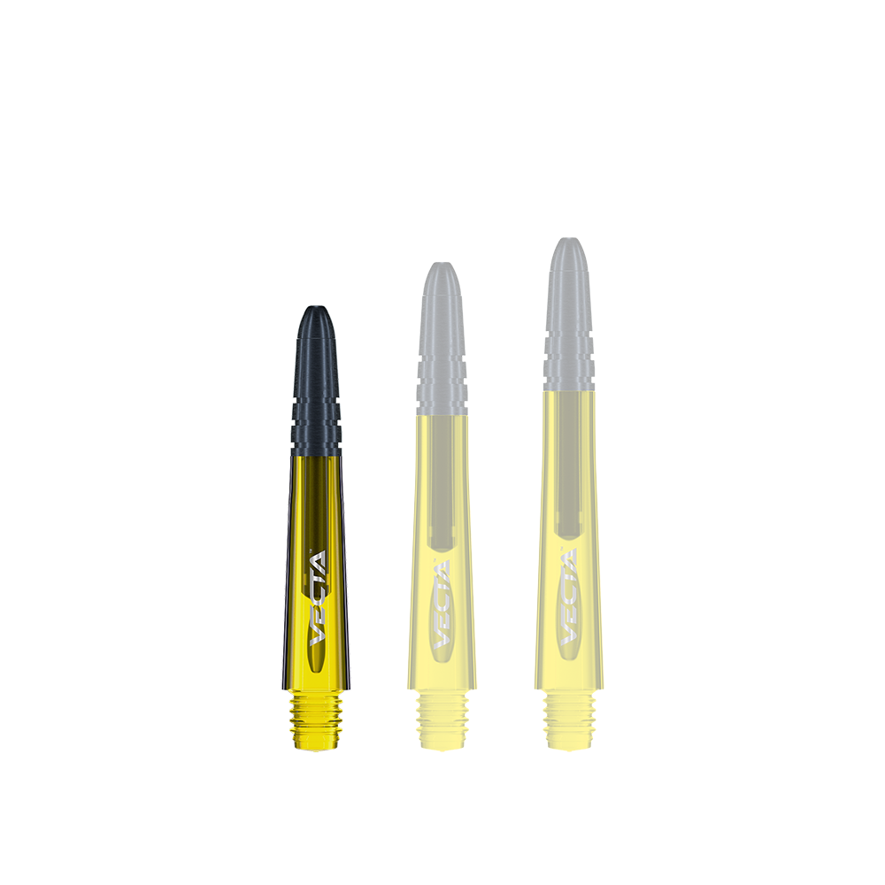 7025-106_Winmau_Vecta_Shafts_Gelb_34mm_1TzRYGOTg2Usas Das Bild zeigt drei gelbe Winmau Vecta Shafts in unterschiedlichen Längen. Die Schäfte haben schwarze Spitzen und sind mit dem Schriftzug "Vecta" versehen.