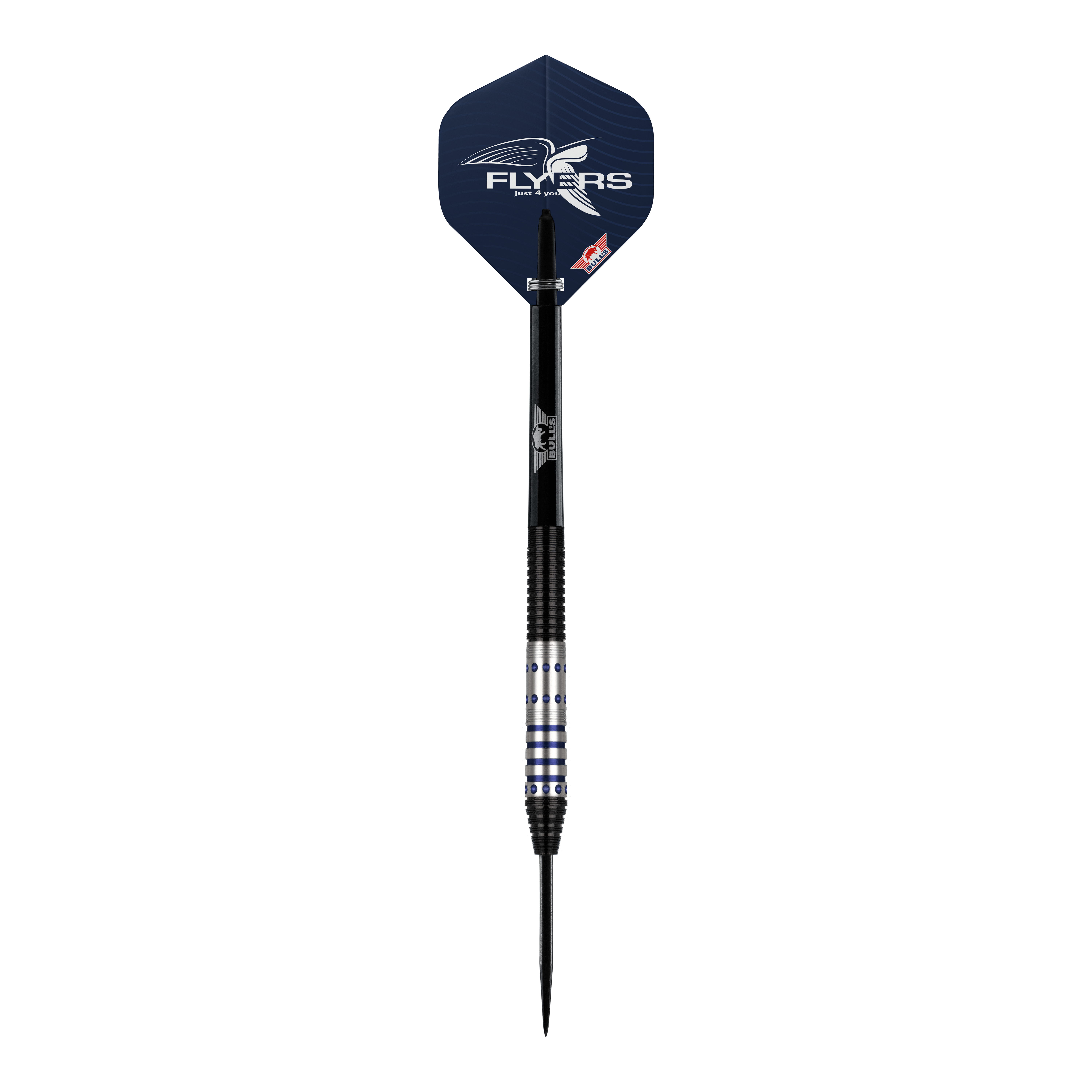 Bulls NL Richard Veenstra 90 Steeldarts - 23g Dies ist ein Steeldart aus der Serie "Bulls NL Richard Veenstra 90" mit einem Gewicht von 23 Gramm. Der Dart hat ein silbernes und schwarzes Design mit blauen Akzenten und einem Flight mit "Flyers"-Logo.