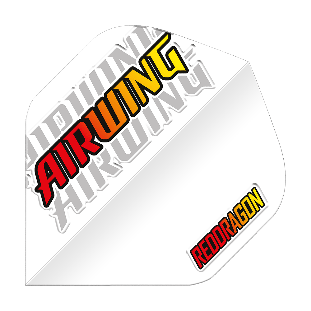 Red Dragon Airwing Red Logo Standard Flights Dieses Bild zeigt ein weißes Dartflügel-Produkt mit der Aufschrift „AIRWING“ in Rot, Orange und Gelb. In der unteren rechten Ecke steht das Logo „REDDRAGON“ ebenfalls in Rot und Gelb.