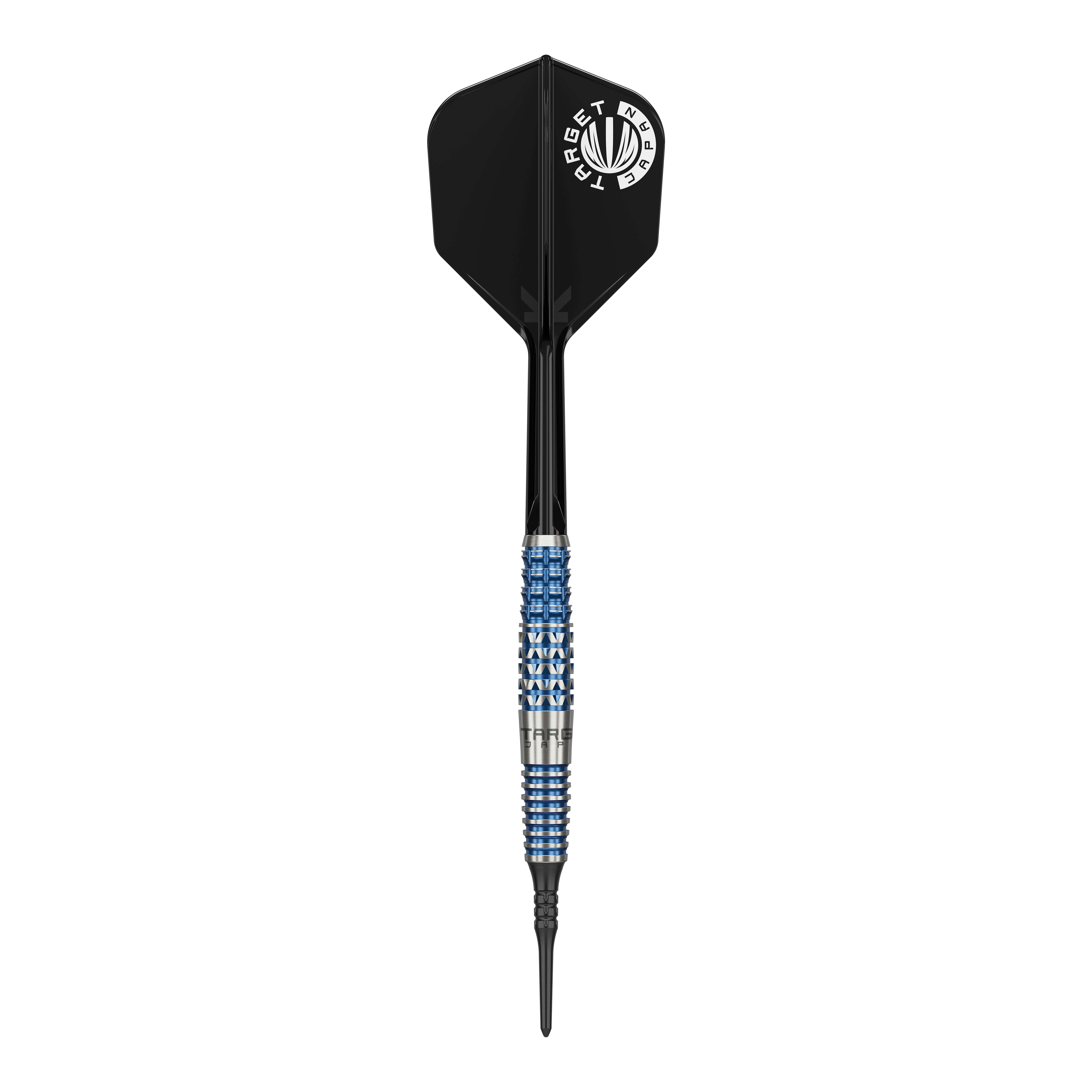 Das Bild zeigt einen Softdart der Marke Target Japan, Modell Toru Suzuki Sereno GEN2 mit 20g Gewicht. Der Dart hat ein auffälliges Design mit einem schwarz-blauen Griff und schwarzer Flight mit weißem Logo.
