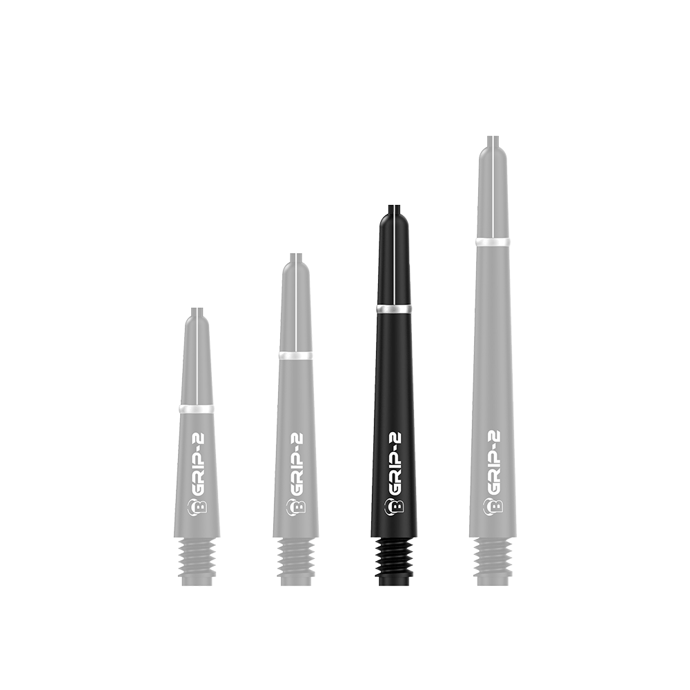 Das Bild zeigt vier schwarze Bulls B-Grip-2 SL Shafts in unterschiedlichen Längen. Sie sind nebeneinander aufgereiht und haben jeweils einen weißen Schriftzug.