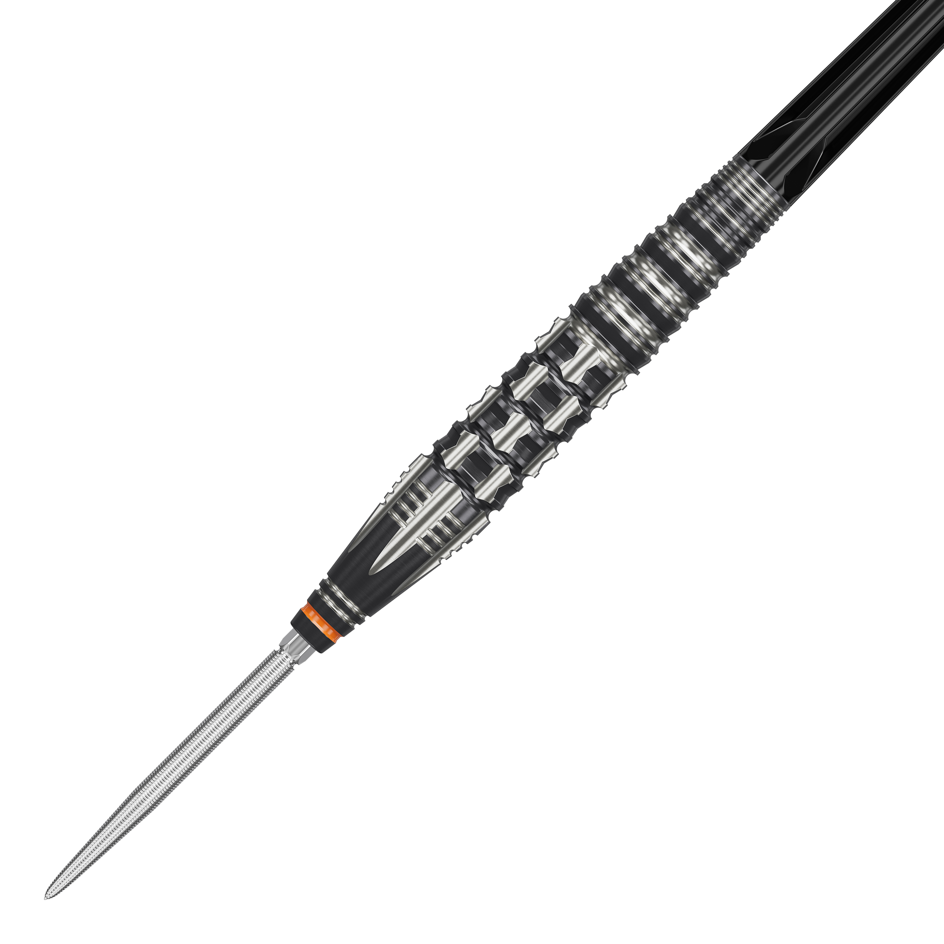 Target Japan Black Marque Dancing Duck GEN 4 steel darts Das Bild zeigt einen Target Japan Black Marque Dancing Duck GEN 4 Steeldart. Der Dart hat ein auffälliges, schwarz-silbernes Design mit markanten Rillen für besseren Halt.