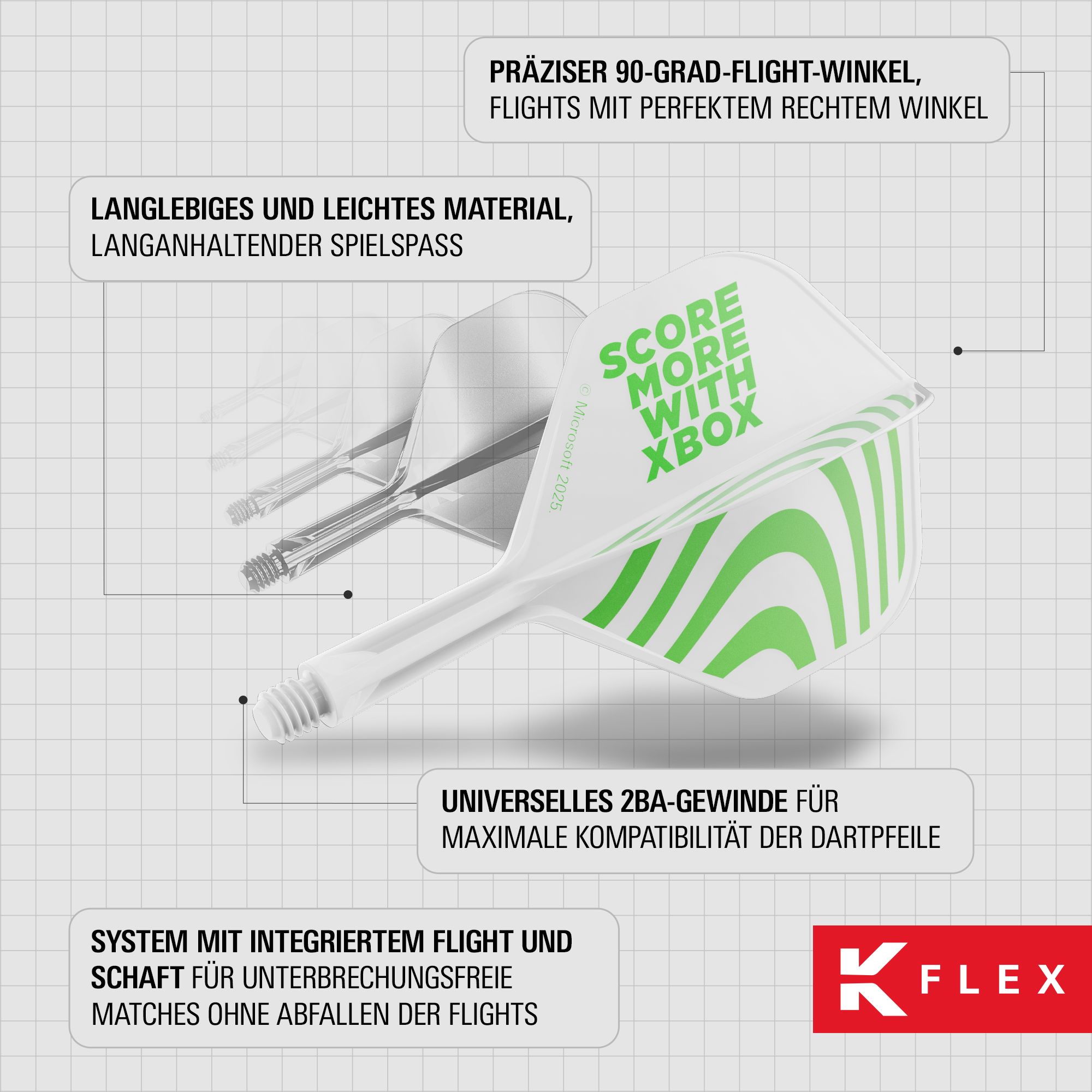 Abgebildet sind die Target Xbox K-Flex No6 Flights - Weiß. Es handelt sich um weiße Dart-Flights in No6-Form von Target.