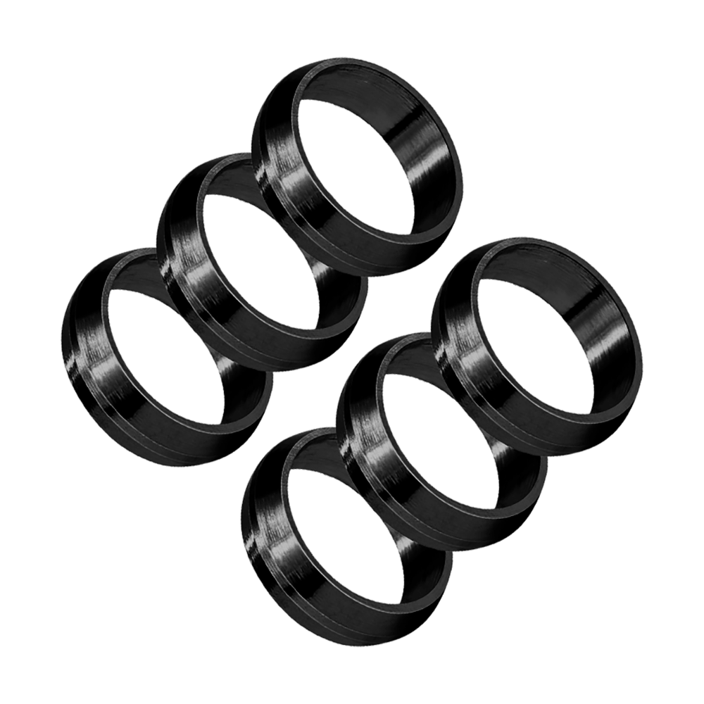 HR440_Harrows_Pyramid_Shaftringe_Schwarz_1 Das Bild zeigt sechs schwarze Harrows Pyramid Shaftringe. Sie sind rund und bestehen aus glänzendem Material.