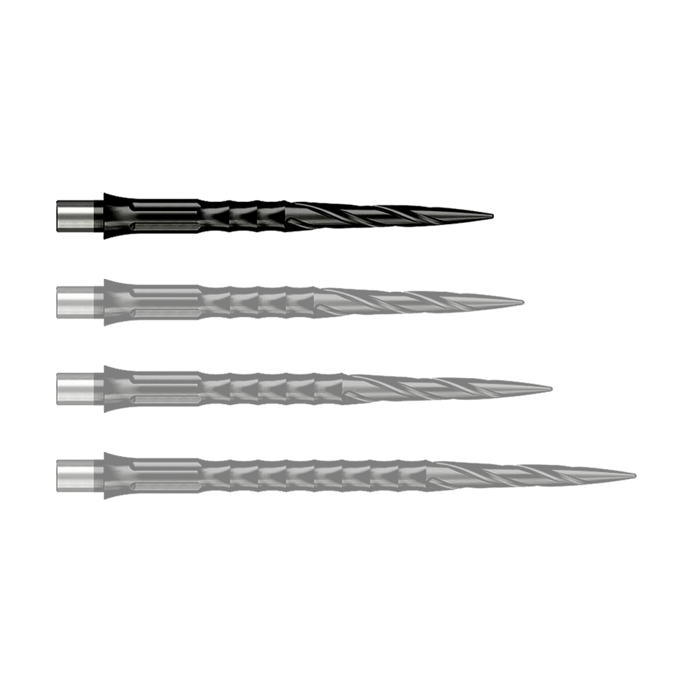 Das Foto zeigt Caliburn Evo System Steeldartspitzen Spiro NoLip Black in 28 mm Länge. Diese Dartspitzen sind in Schwarz gehalten und besonders langlebig.