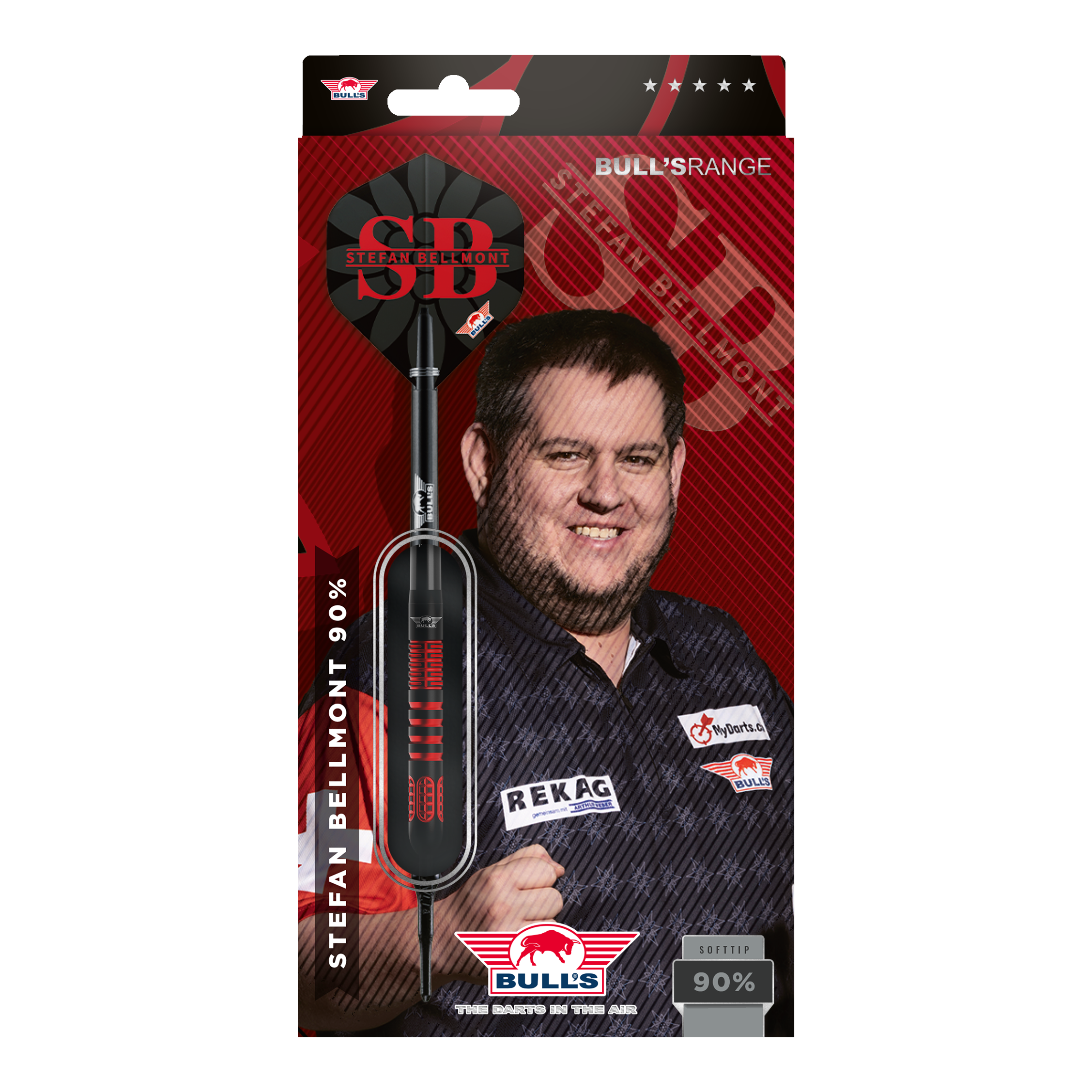 Die Bulls NL Stefan Bellmont 90 Softdarts - 20g sind abgebildet. Es handelt sich um hochwertige Softdarts für anspruchsvolle Spieler.