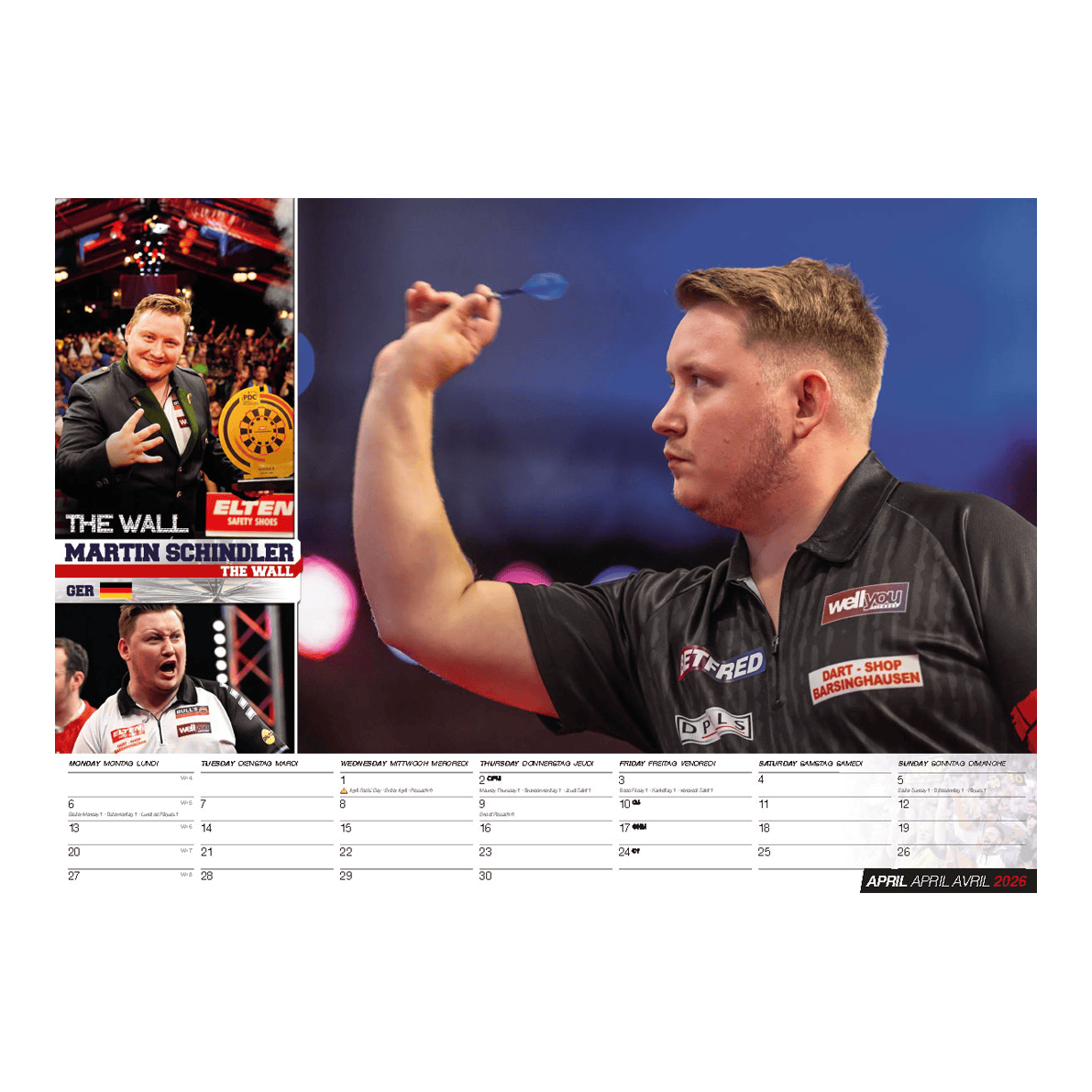 Dieses Bild stellt den Darts Kalender 2026 dar. Der Kalender bietet verschiedene Darts-Bilder für jeden Monat im Jahr 2026.