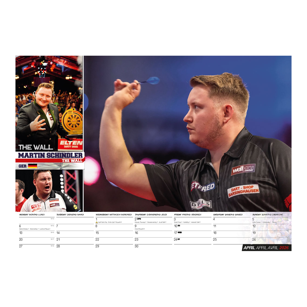 Darts Kalender 2026 Dieses Bild stellt den Darts Kalender 2026 dar. Der Kalender bietet verschiedene Darts-Bilder für jeden Monat im Jahr 2026.
