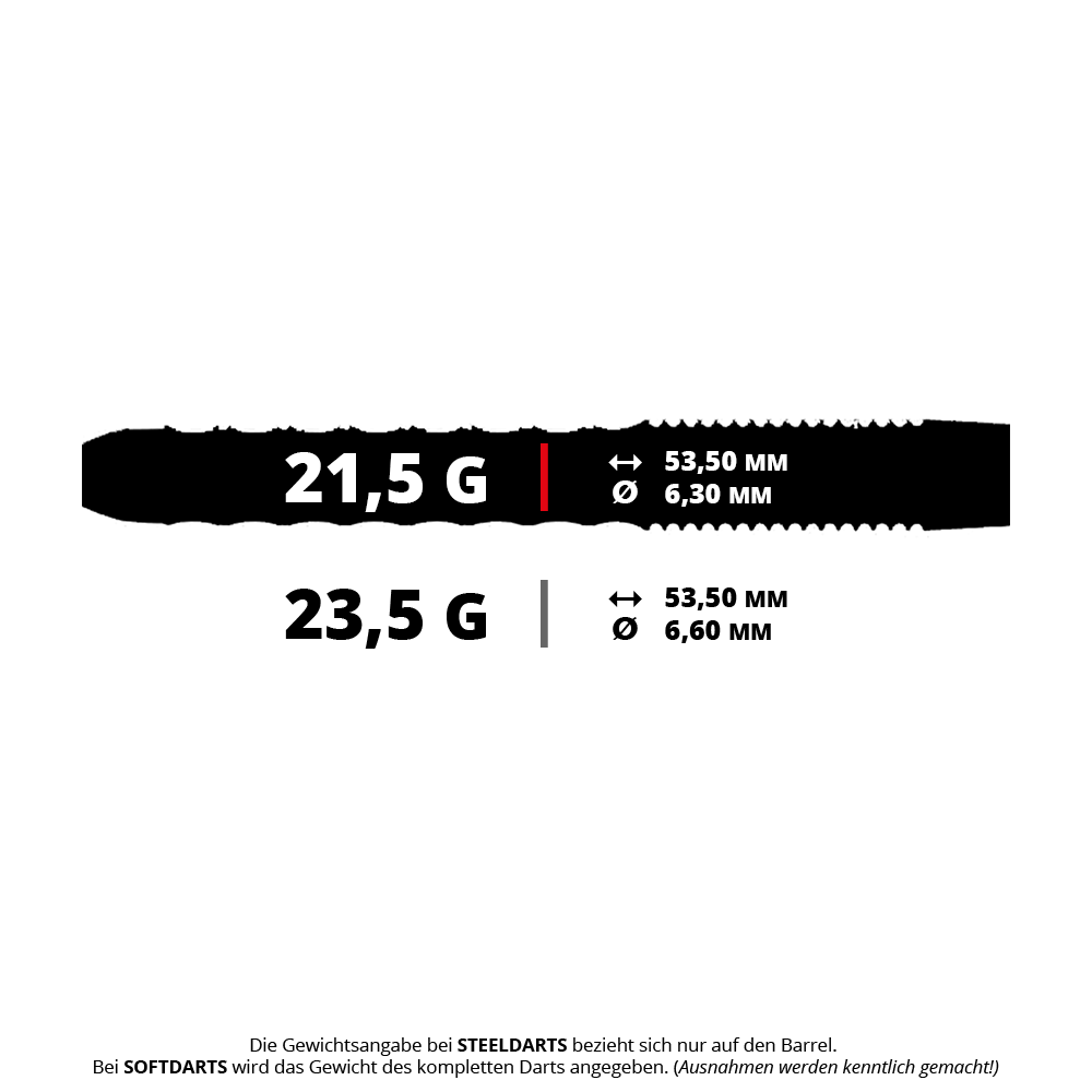 Das Bild zeigt zwei Gewichtsklassen für Steeldarts: 21,5 g mit 53,50 mm Länge und 6,30 mm Durchmesser sowie 23,5 g mit 53,50 mm Länge und 6,60 mm Durchmesser. Unten steht ein Hinweis, dass sich die Gewichtsangabe bei Steeldarts nur auf das Barrel bezieht.
