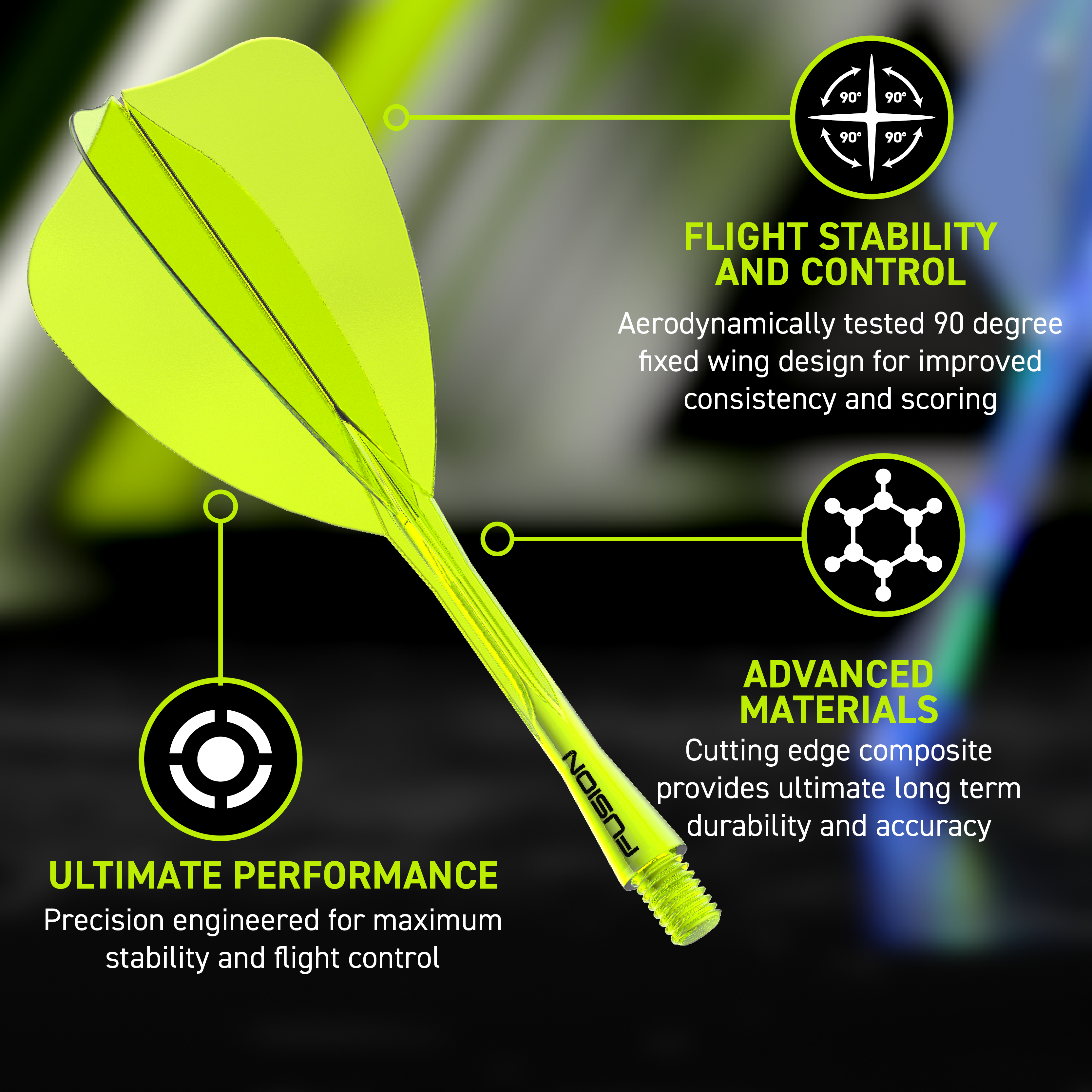 Winmau Fusion Flight Shaft System Arrow Neon Yellow Das Bild zeigt das Winmau Fusion Flight-Shaft-System Arrow Neon Yellow. Es handelt sich um einen neon-gelben Flight-Shaft für Darts.