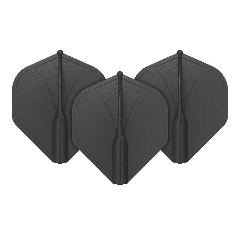 Shot Airfoil Molded No2 Standard Flights Auf dem Bild sind drei schwarze Dart-Flights zu sehen. Sie stehen aufrecht nebeneinander und haben eine standardmäßige, geformte Flügelform.