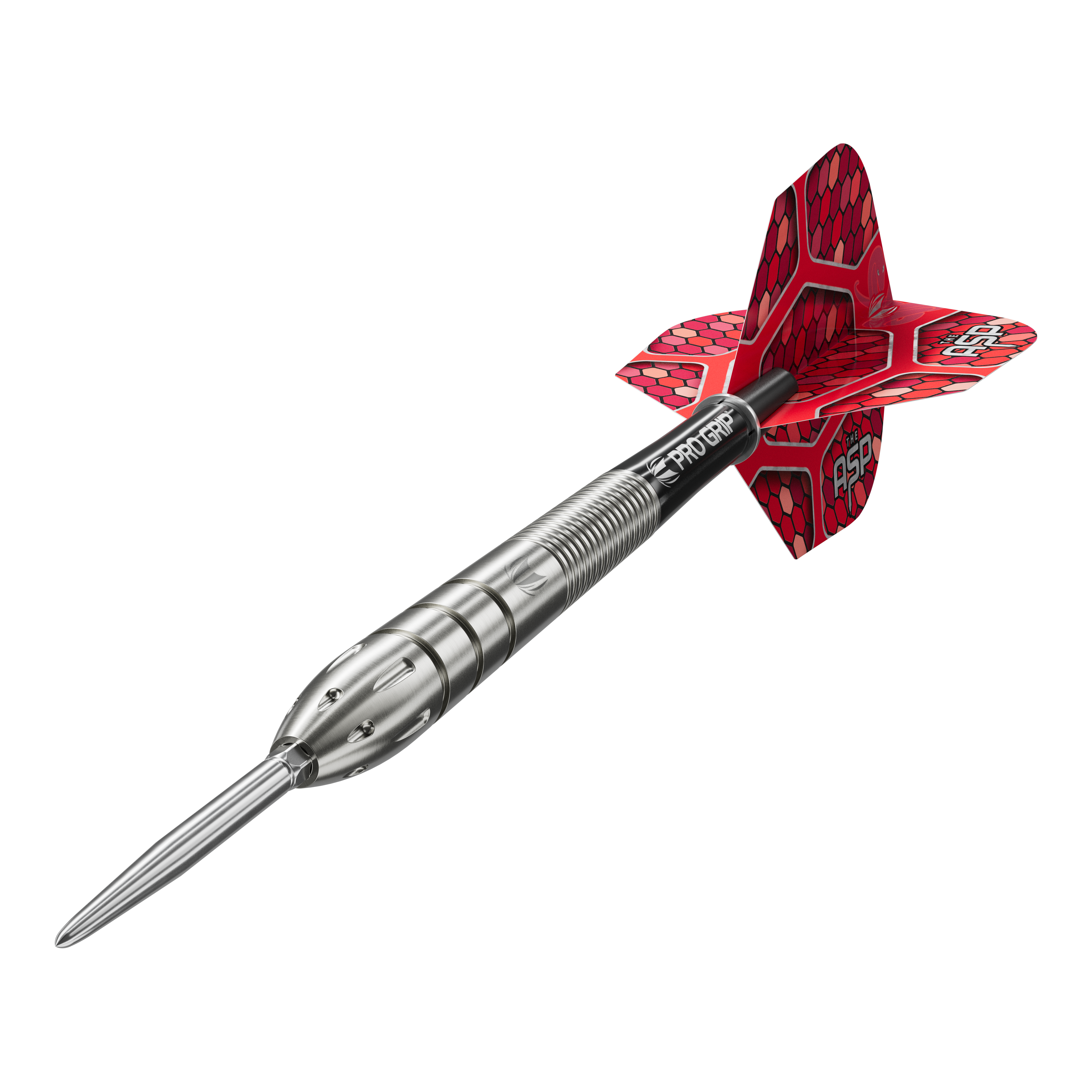 Auf dem Bild ist ein Target Nathan Aspinall GEN1 Swiss Point Steeldart zu sehen. Der Dartpfeil hat einen silbernen Schaft und rote Flights mit Wabenmuster.