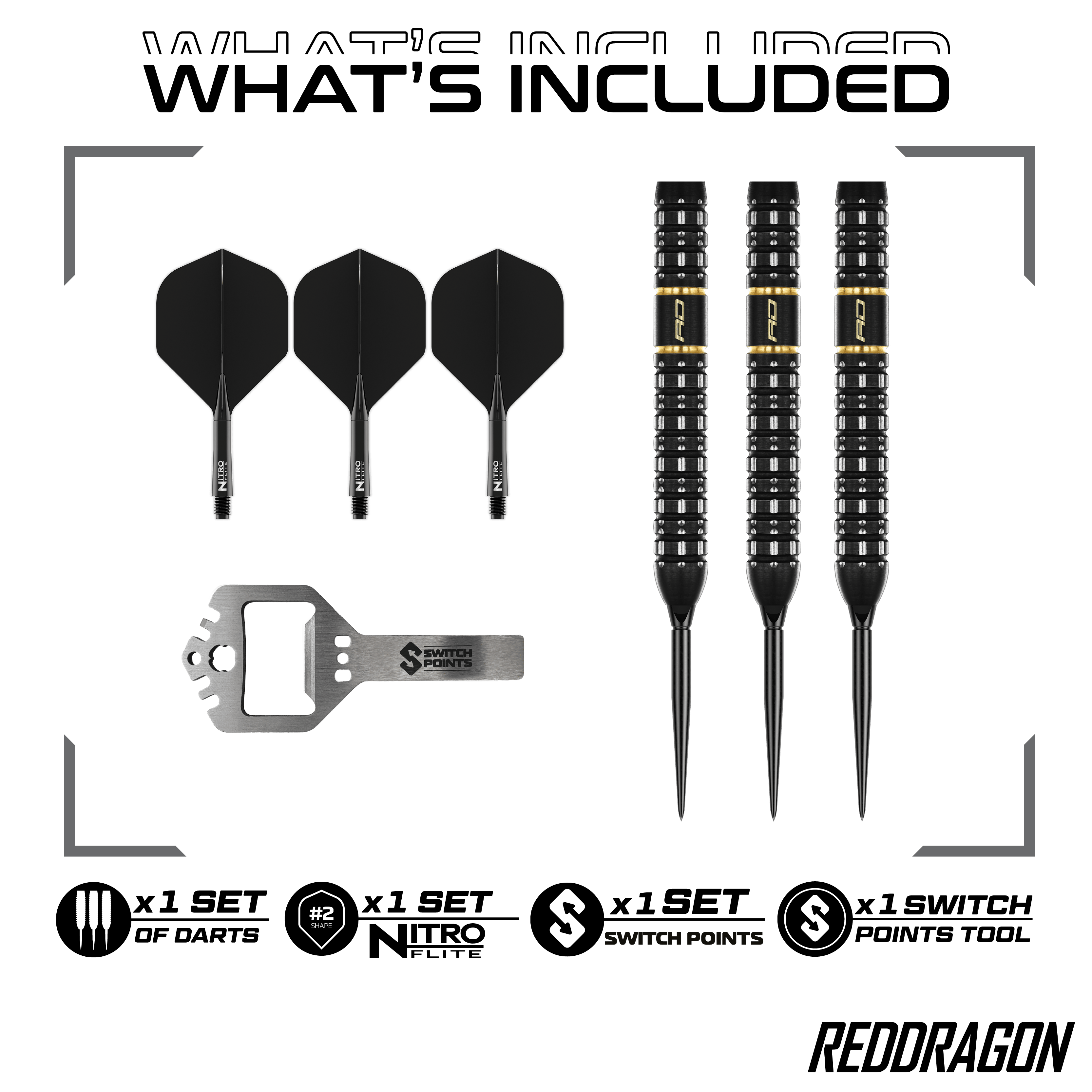 Hier sind die Red Dragon Ascend Parallel Switch Point Steeldarts zu sehen. Sie verfügen über eine parallele Form und wechselbare Spitzen.