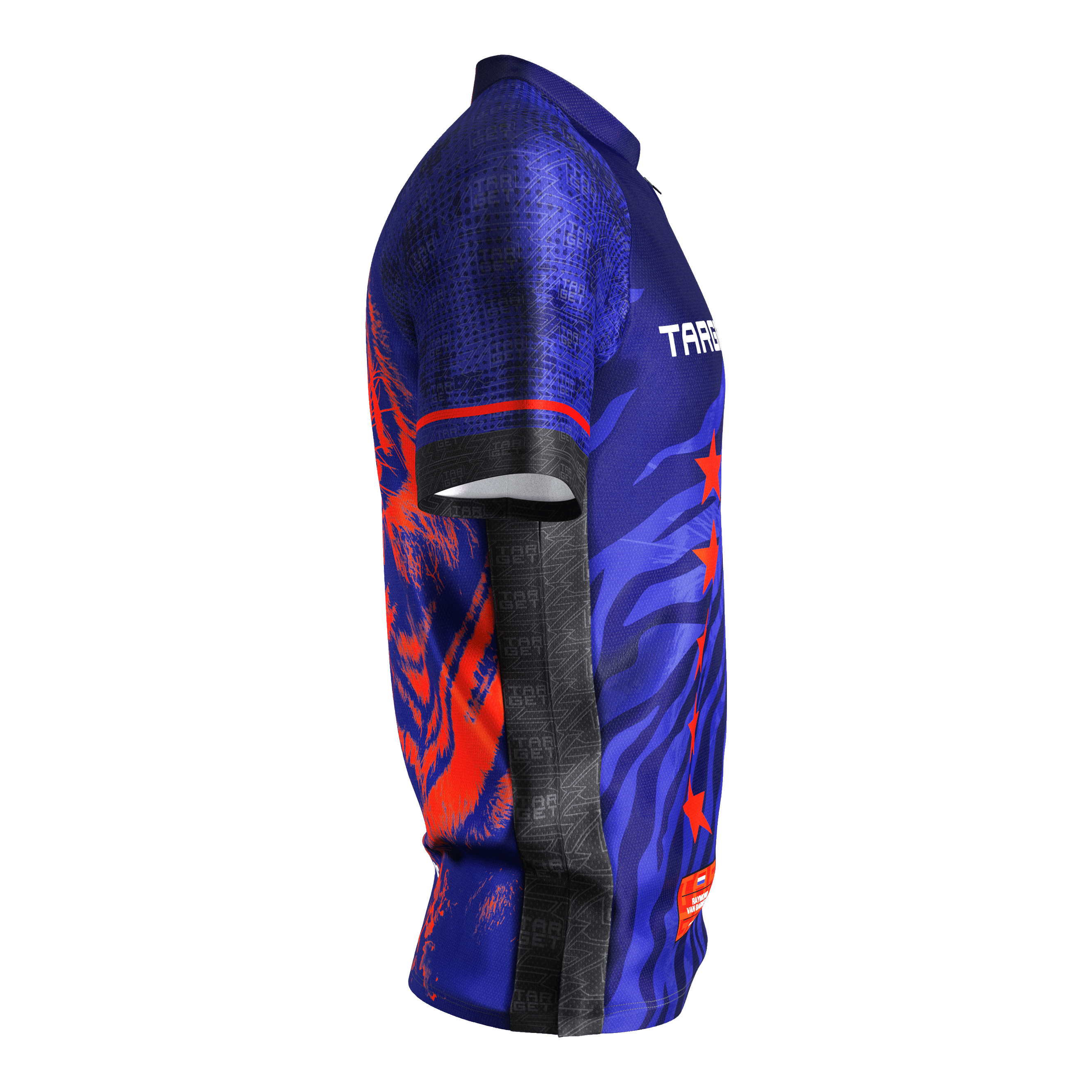 Target Coolplay Raymond Van Barneveld 2025 dart shirt Das Bild zeigt das "Target Coolplay Raymond Van Barneveld 2025 Dartshirt". Das Shirt ist überwiegend blau mit roten und schwarzen Akzenten sowie auffälligen Grafiken.