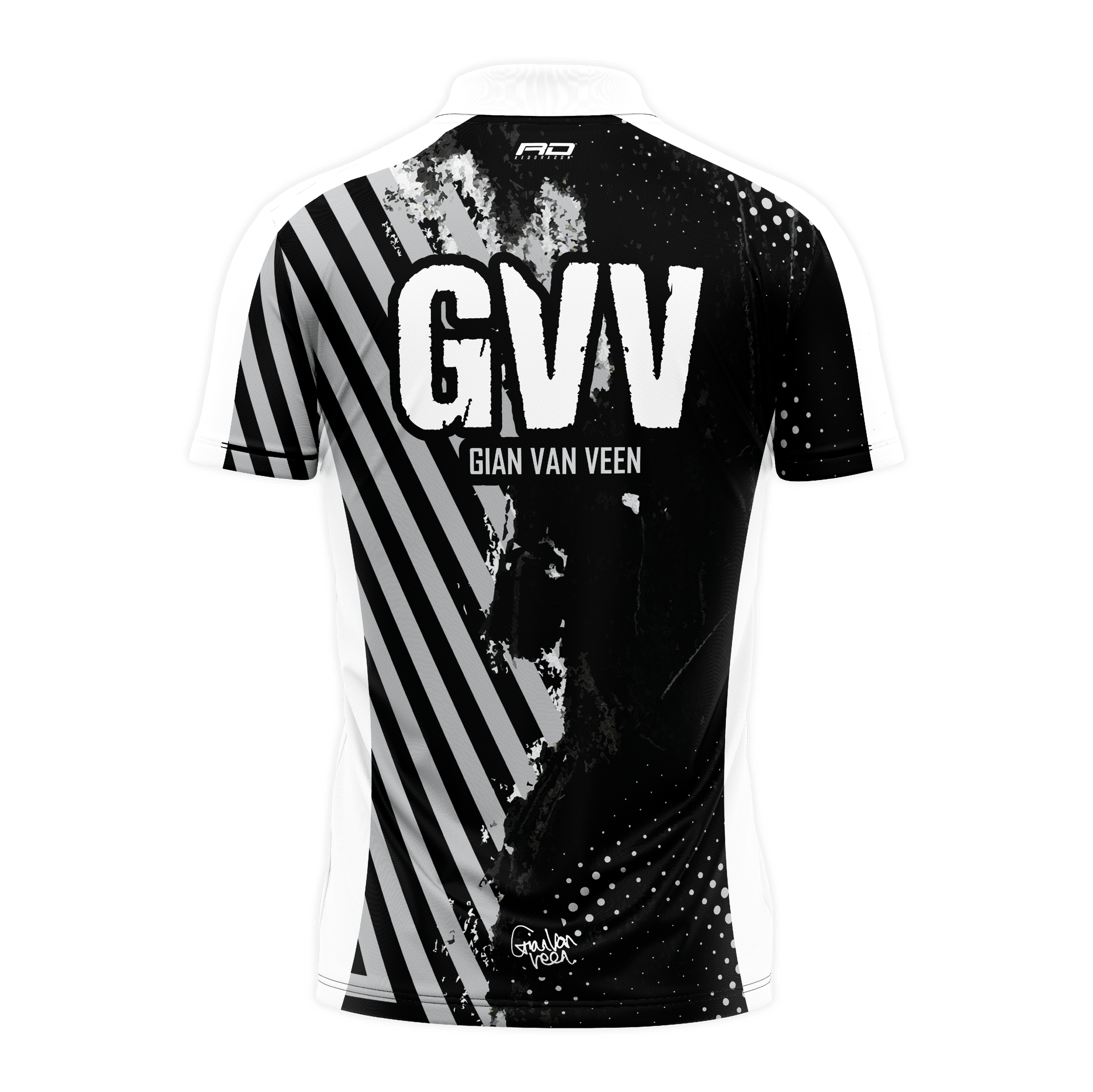 Red Dragon Gian Van Veen Limited Edition Dartshirt präsentiert sich auf dem Bild. Das Dartshirt ist eine exklusive Sonderedition.