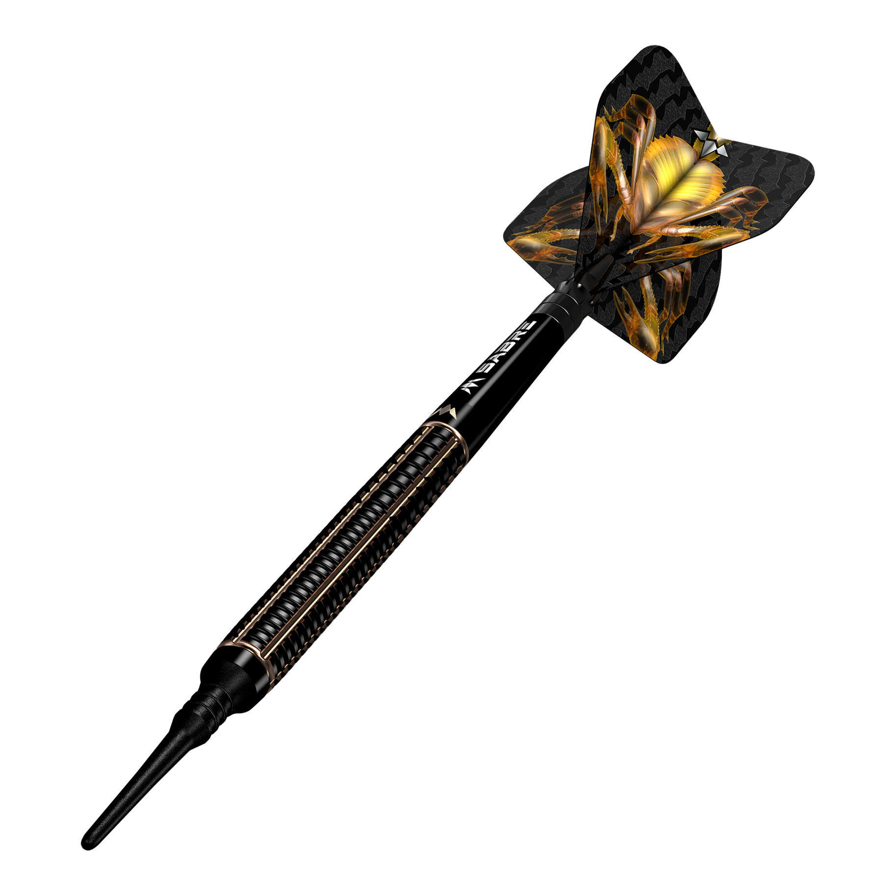 Mission Scorpion soft darts - 19g Das Bild zeigt einen Mission Scorpion Softdart mit einem Gewicht von 19 Gramm. Der Dartpfeil ist schwarz-gold gestaltet und hat ein auffälliges Flight-Design.