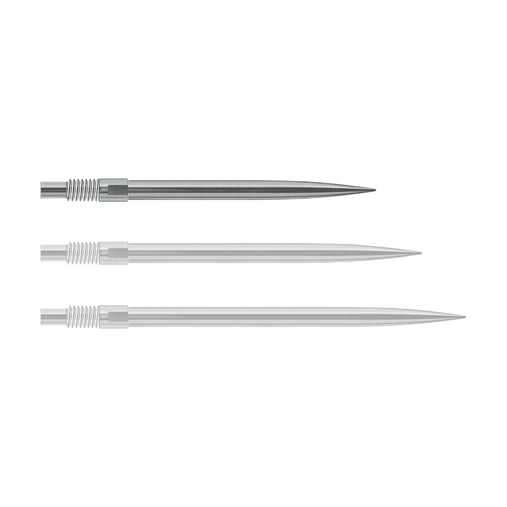 Harrows Quick Point Dart Tips - Silver Abgebildet sind Harrows QuickPoint Dartspitzen in Silber, 30mm lang. Das Foto stellt das Produkt aus einer anderen Perspektive dar.
