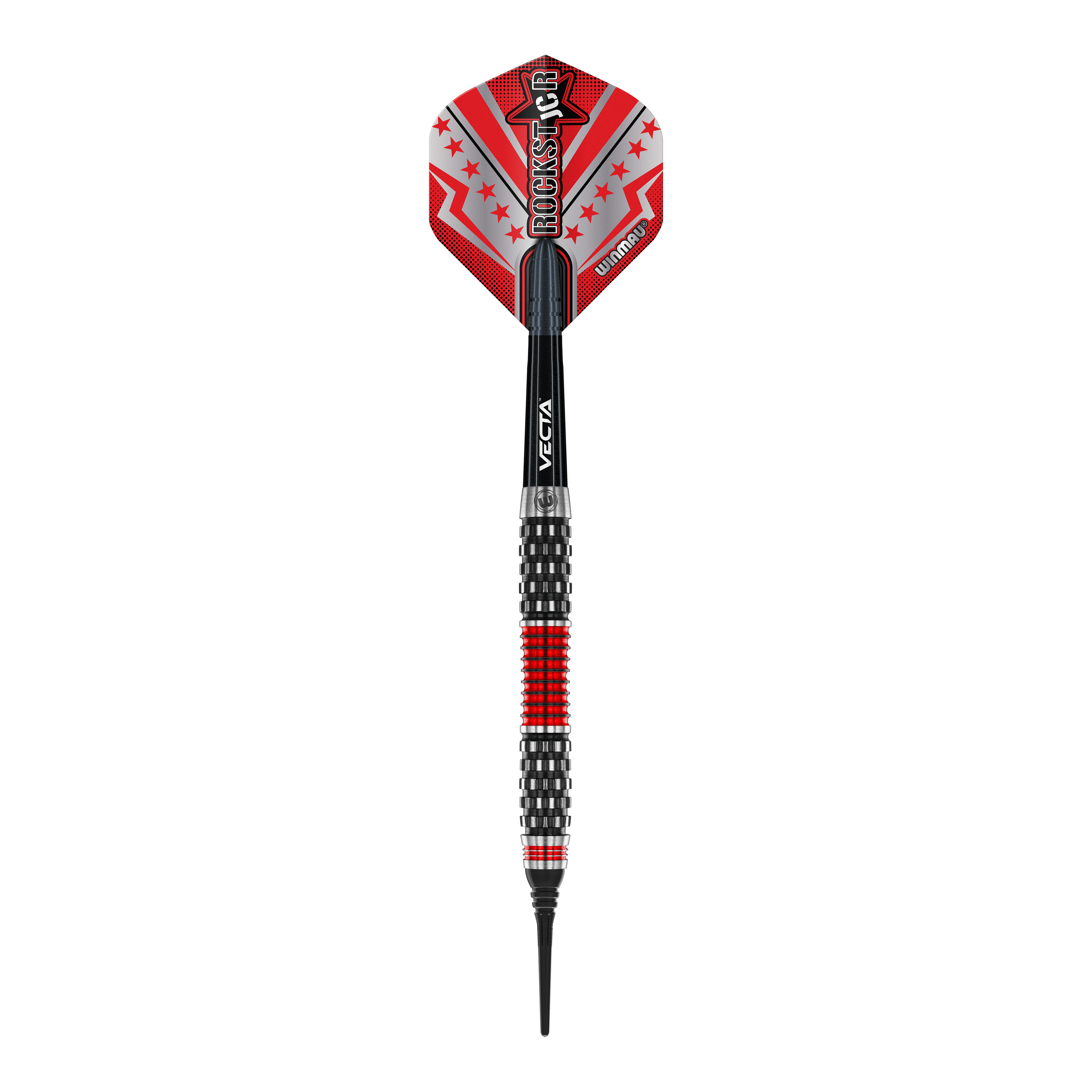 Winmau Joe Cullen Rockstar Series RS1 Soft Darts - 20g Dieses Bild zeigt einen Winmau Joe Cullen Rockstar Series RS1 Softdart mit einem Gewicht von 20g. Der Dart ist schwarz und rot gestaltet und hat einen auffälligen Flights mit dem Aufdruck "Rockstar".